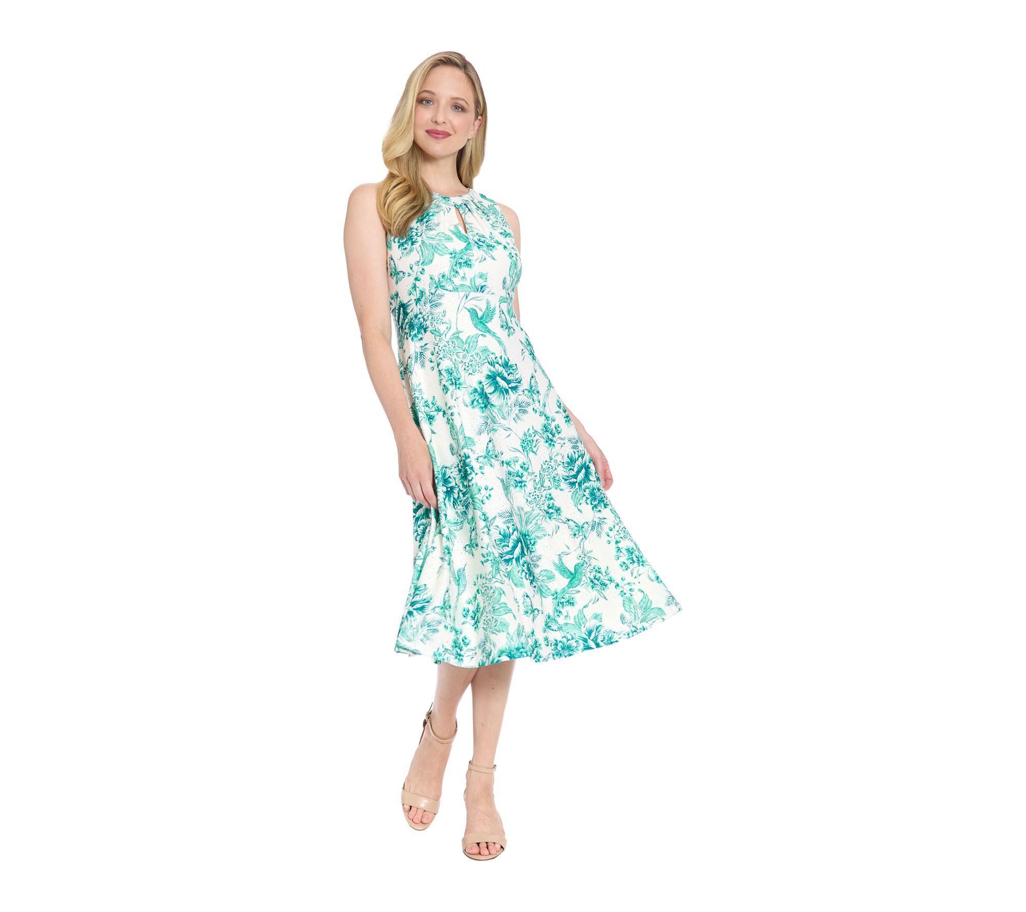 London Times Scroll Eyelet Printed Pleated NeckMidi Dress