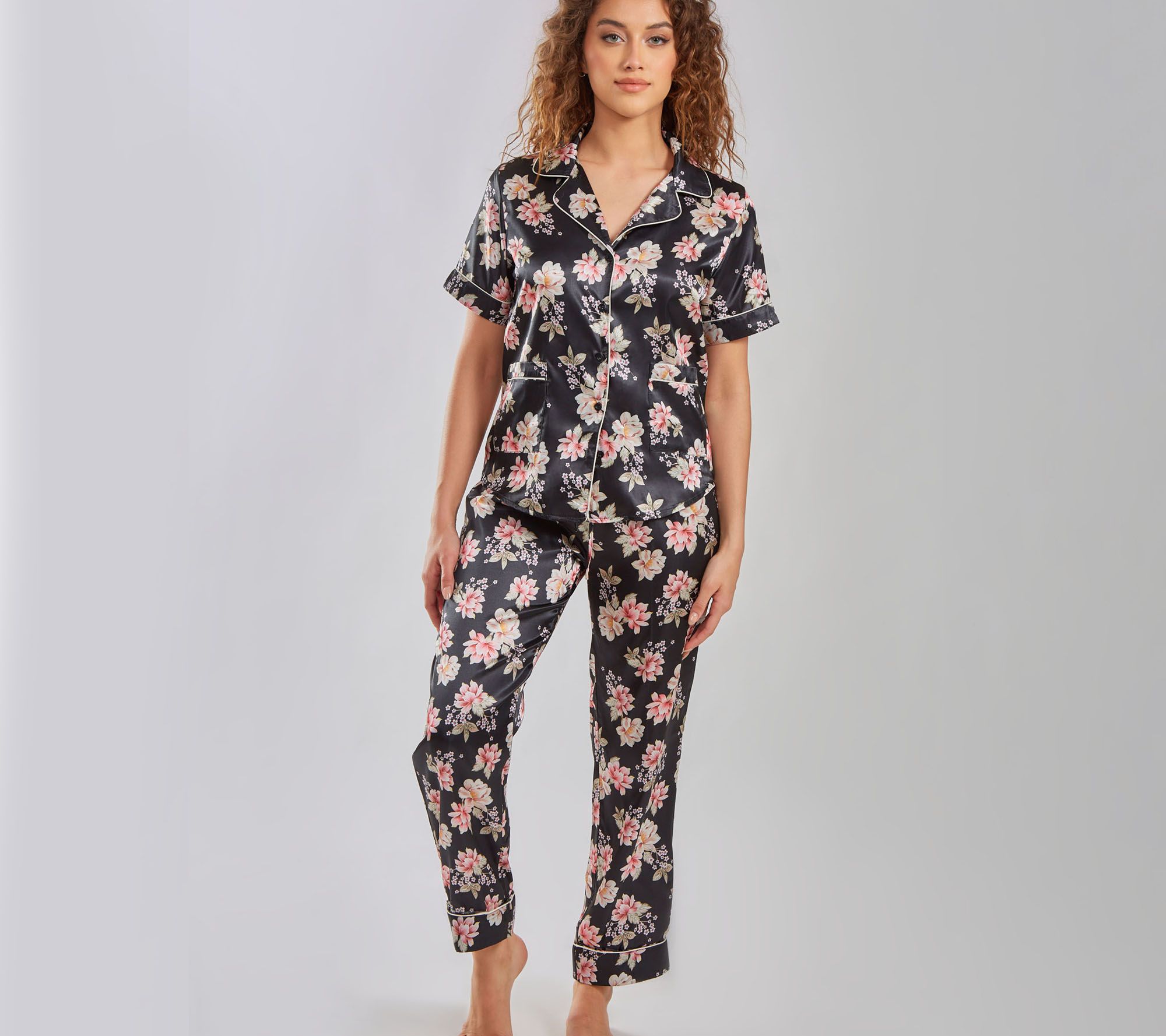 iCollection Floral Satin Notch Collar & Pant PJLounge Set
