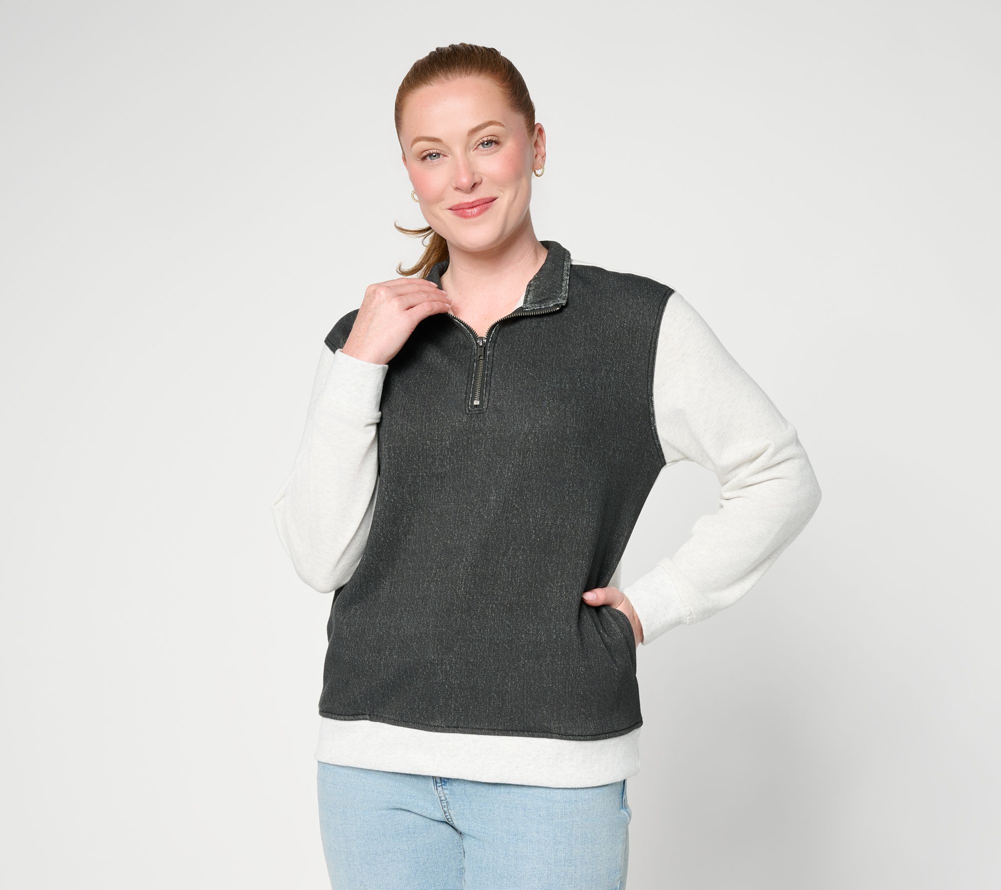AnyBody Denim Effect Half Zip Sweatshirt Pullover