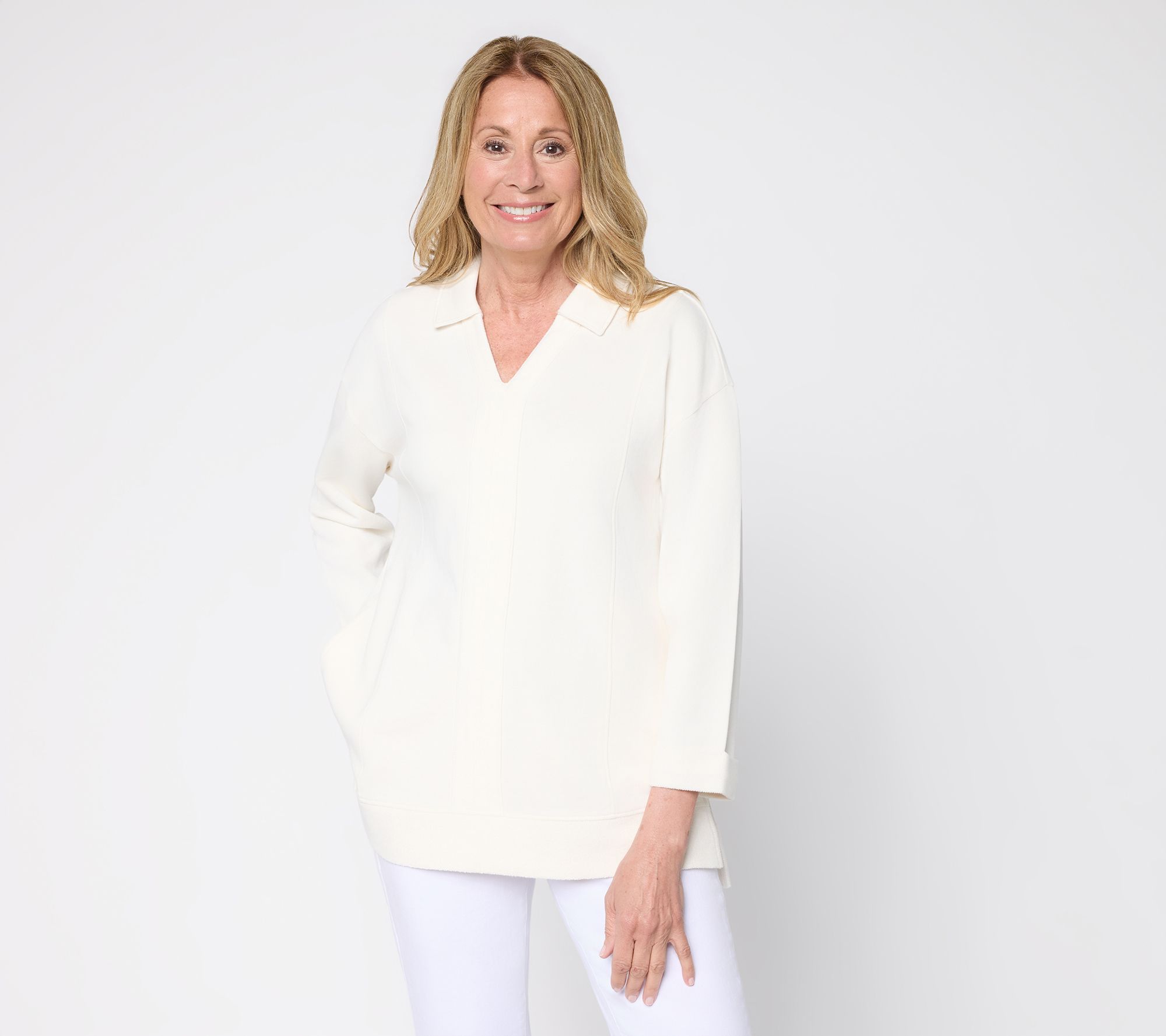 "As Is" Denim & Co. Beach Regular Tideline Terry Split NeckTunic