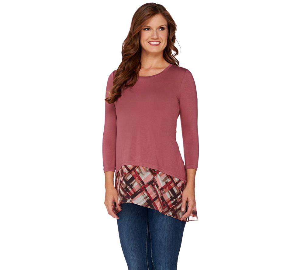 LOGO by Lori Goldstein Knit Top with Plaid Chiffon Asymmetric Hem - QVC.com