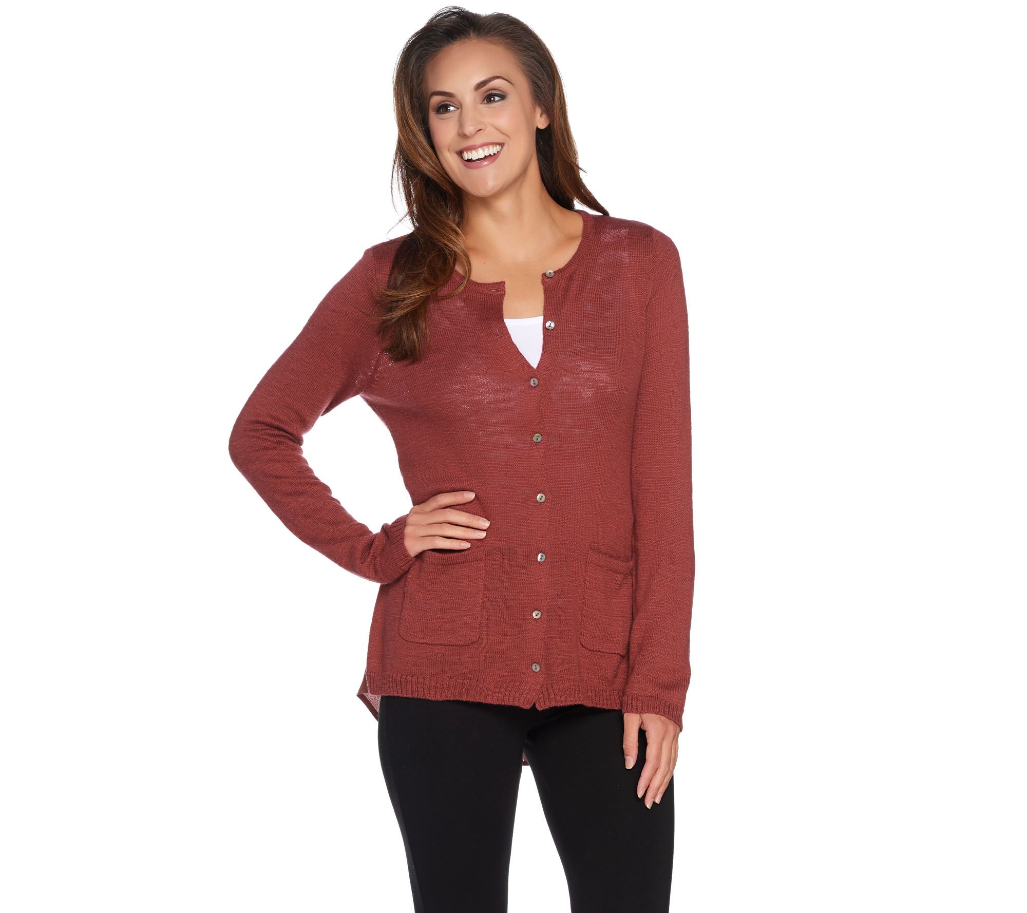 LOGO by Lori Goldstein Sweater Cardigan with Woven Panels - QVC.com