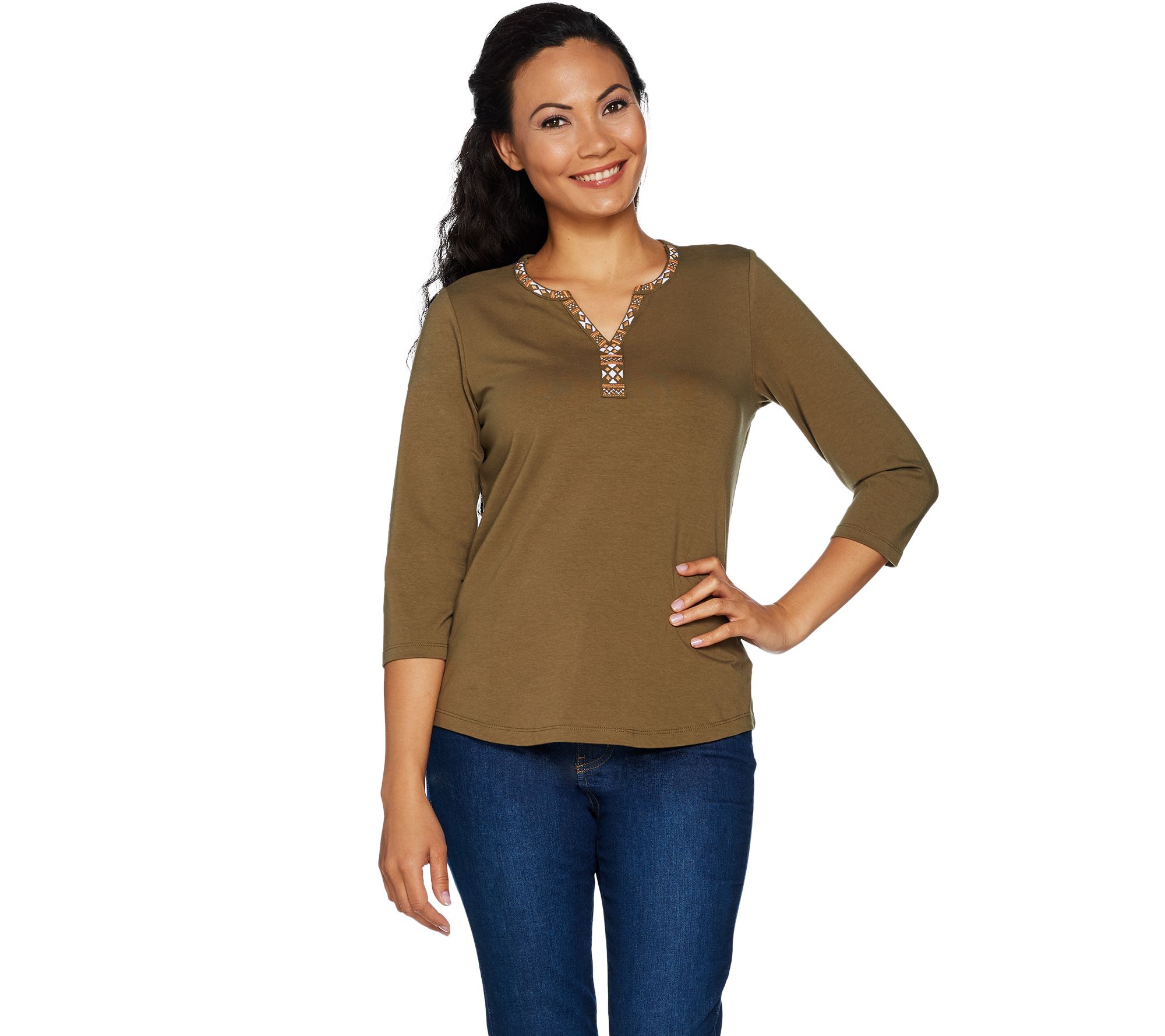 Denim & Co. 3/4 Sleeve Split V-Neck Top with Embroidery - QVC.com