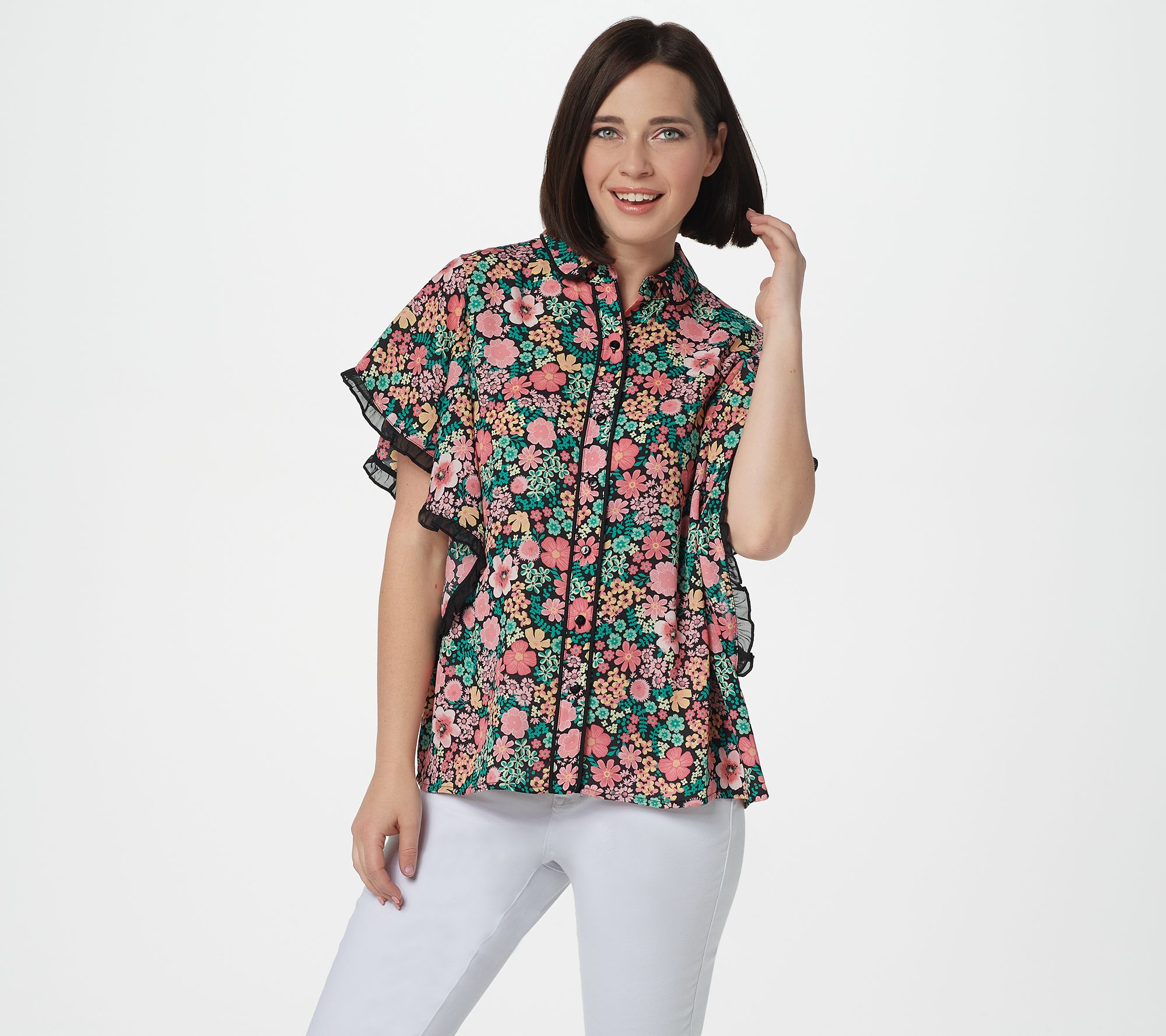 Laurie Felt Button Front Blouse with Butterfly Sleeves - QVC.com