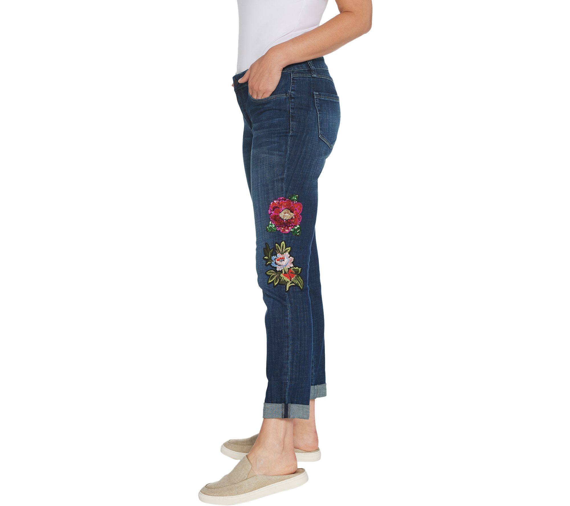 "As Is" Laurie Felt Classic Denim Embellished Boyfriend Jean