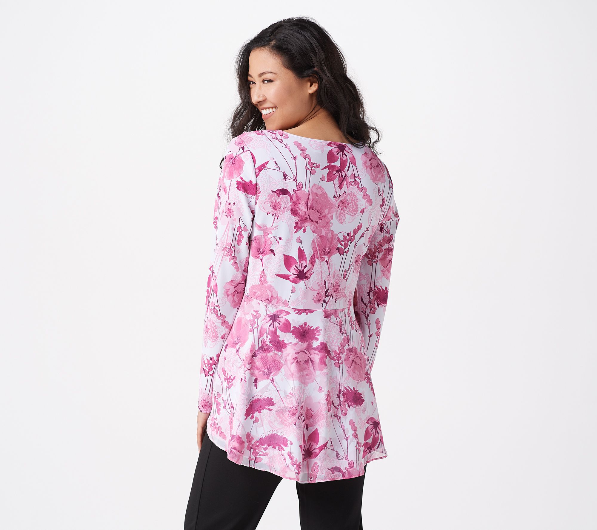 Susan Graver Printed Liquid Knit Tunic With Chiffon Ruffle And Peplum