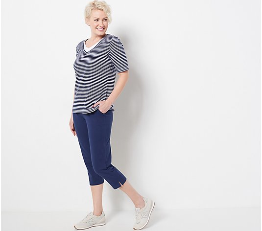 Sport Savvy Striped/Solid French Terry Short Sleeve & Crop Pant Set