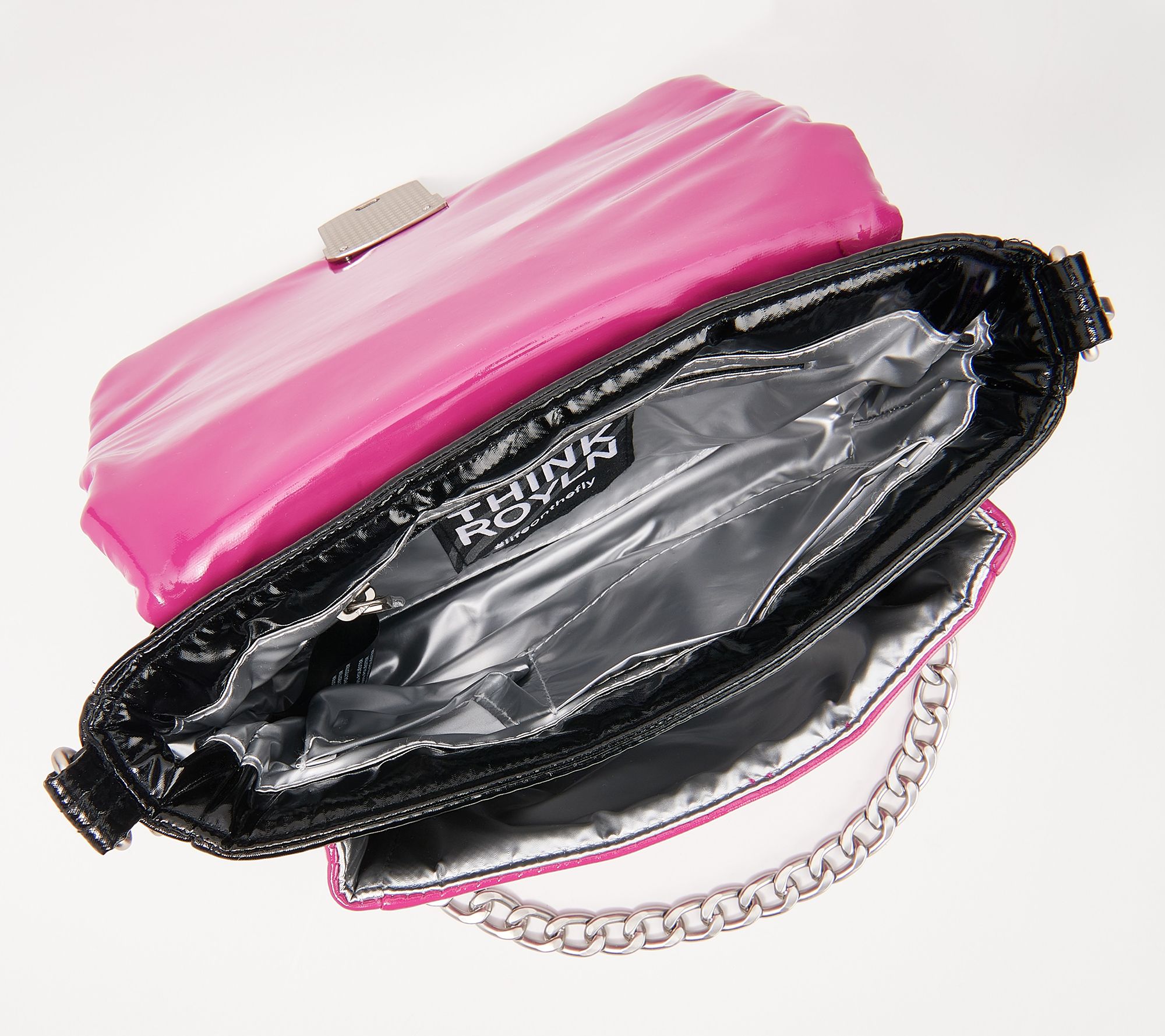 BLACK VINYL PURSE WITH CHUNKY CHAIN AND CLASP & MATCHING WALLET