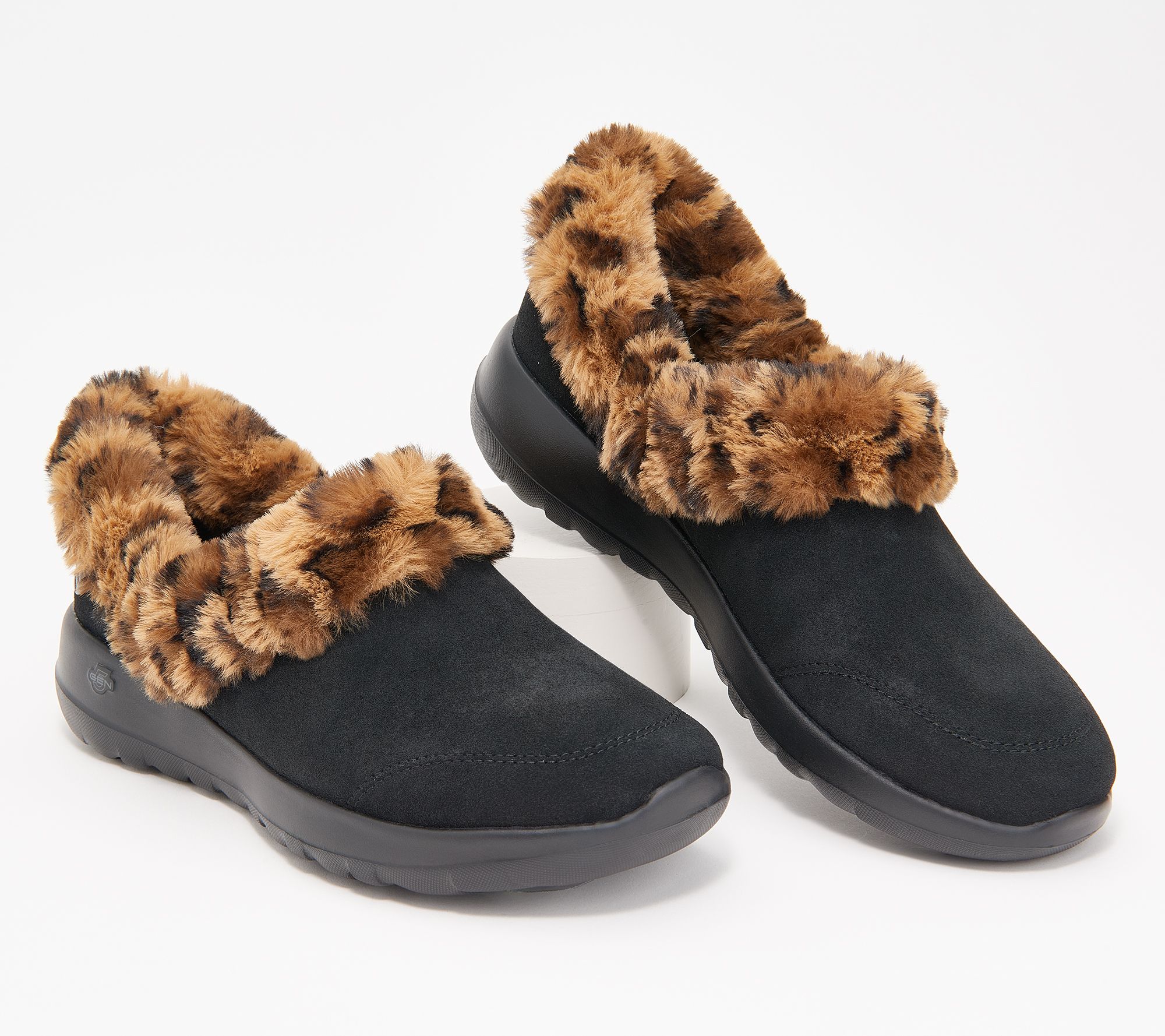 Skechers On-The-Go Joy Suede and Faux Fur Slip-Ons- Cozy Catch, Size 9-1/2 Medium, Black Leopard