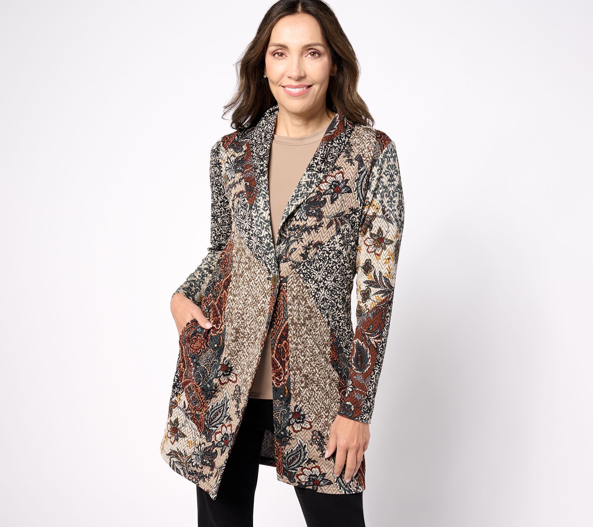 Susan Graver Petite Printed Novelty Knit Jacket w/ Shawl Collar