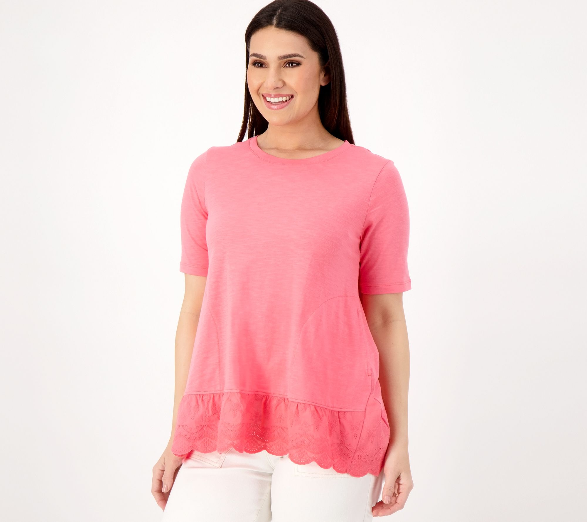 LOGO by Lori Goldstein Cotton Slub Top w/ Eyelet Hem
