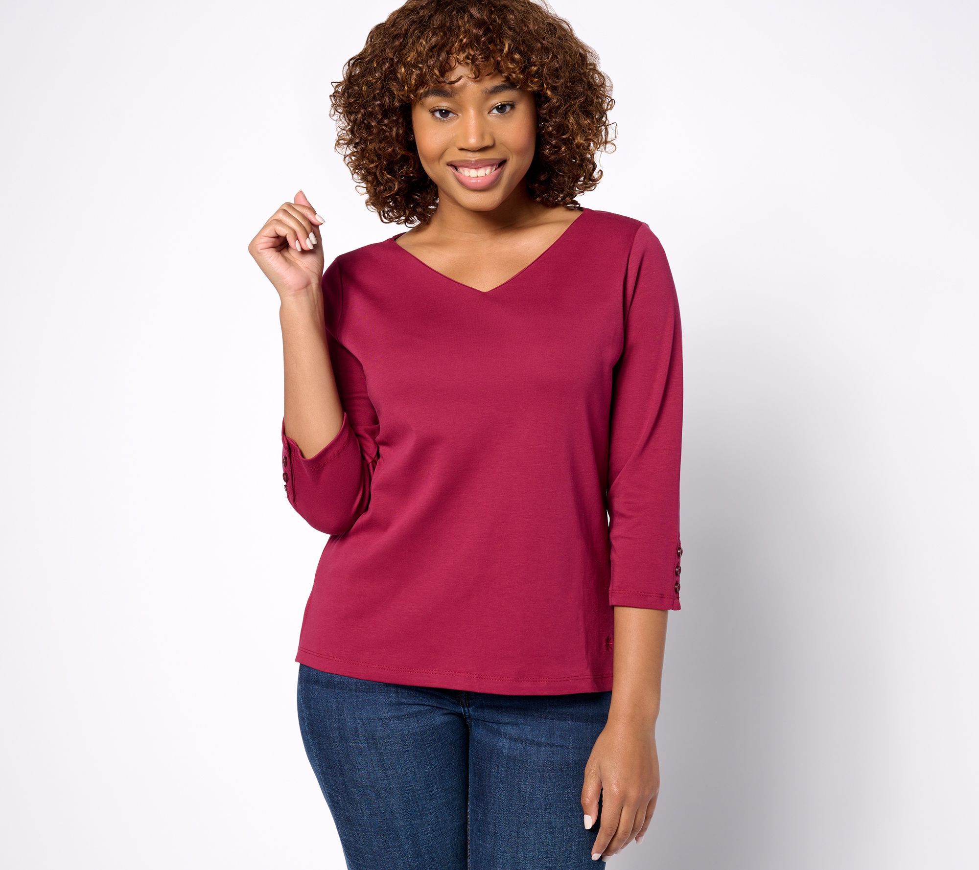 Isaac Mizrahi Live! Essentials Pima Cotton V-Neck 3/4 Sleeve Top