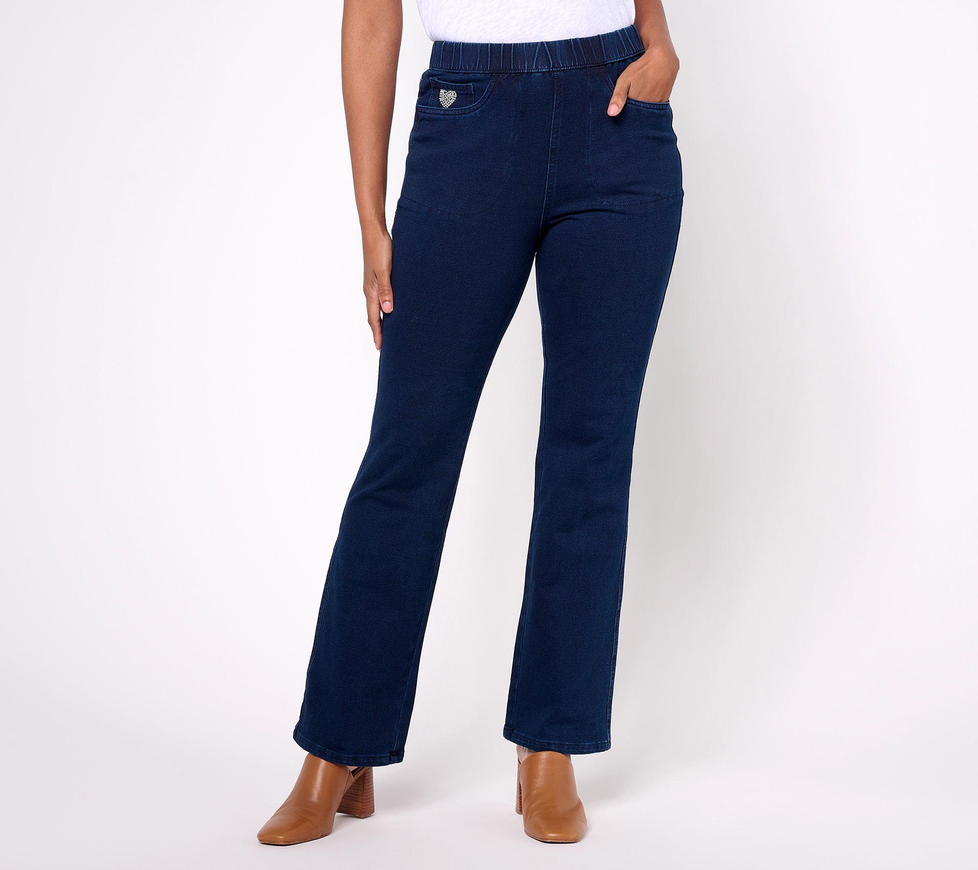 Quacker Factory DreamJeanne Short Pull-On 5 Pocket Bootcut Jeans