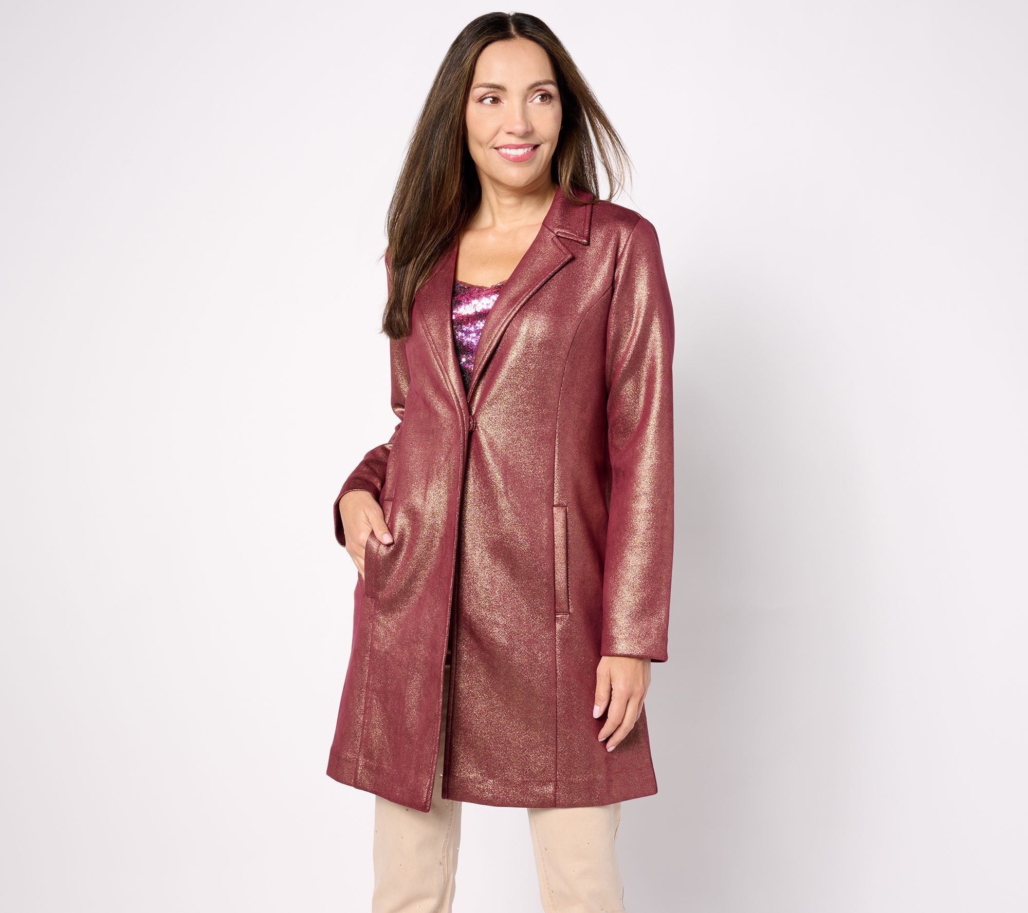 Isaac Mizrahi Live! Petite Foil Scuba Long Duster w/ Snap Closure