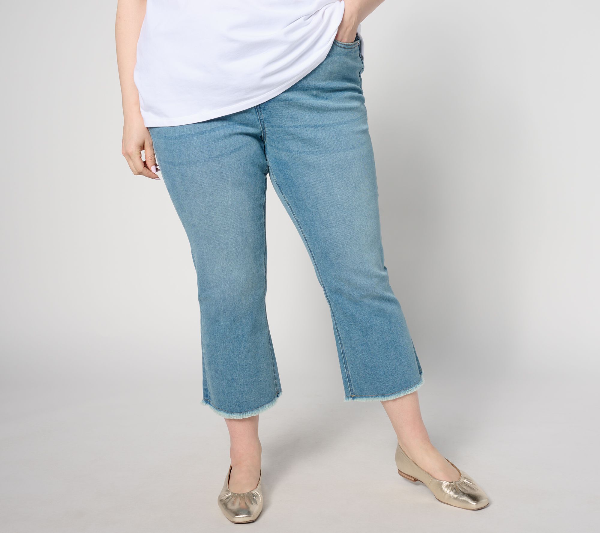 Susan Graver Petite Soft Stretch Pull-On Crop Jean with Eyelet Hem 