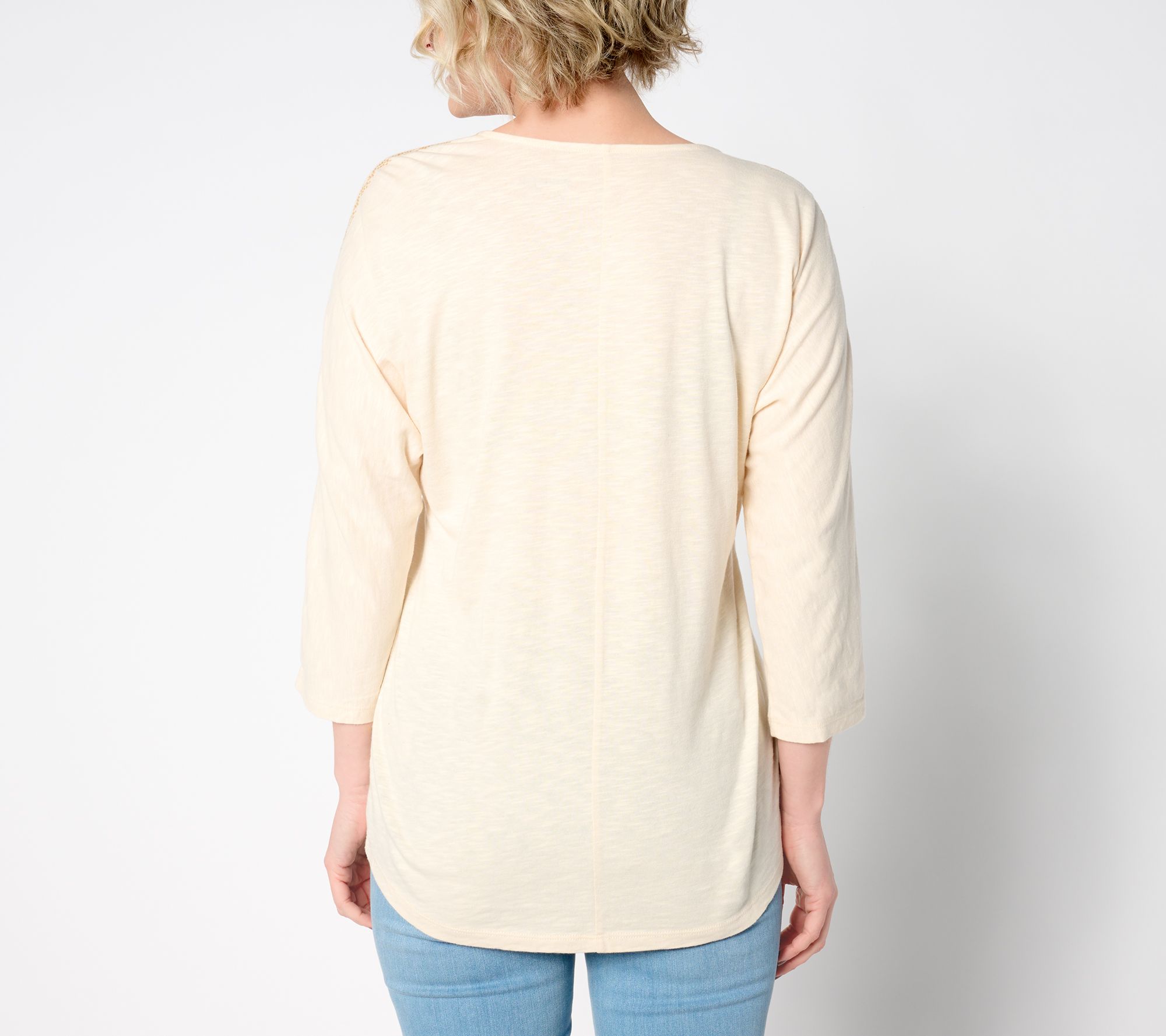 Denim & Co. Slub Jersey Dolman 3/4 Sleeve Top w/ Embroidery