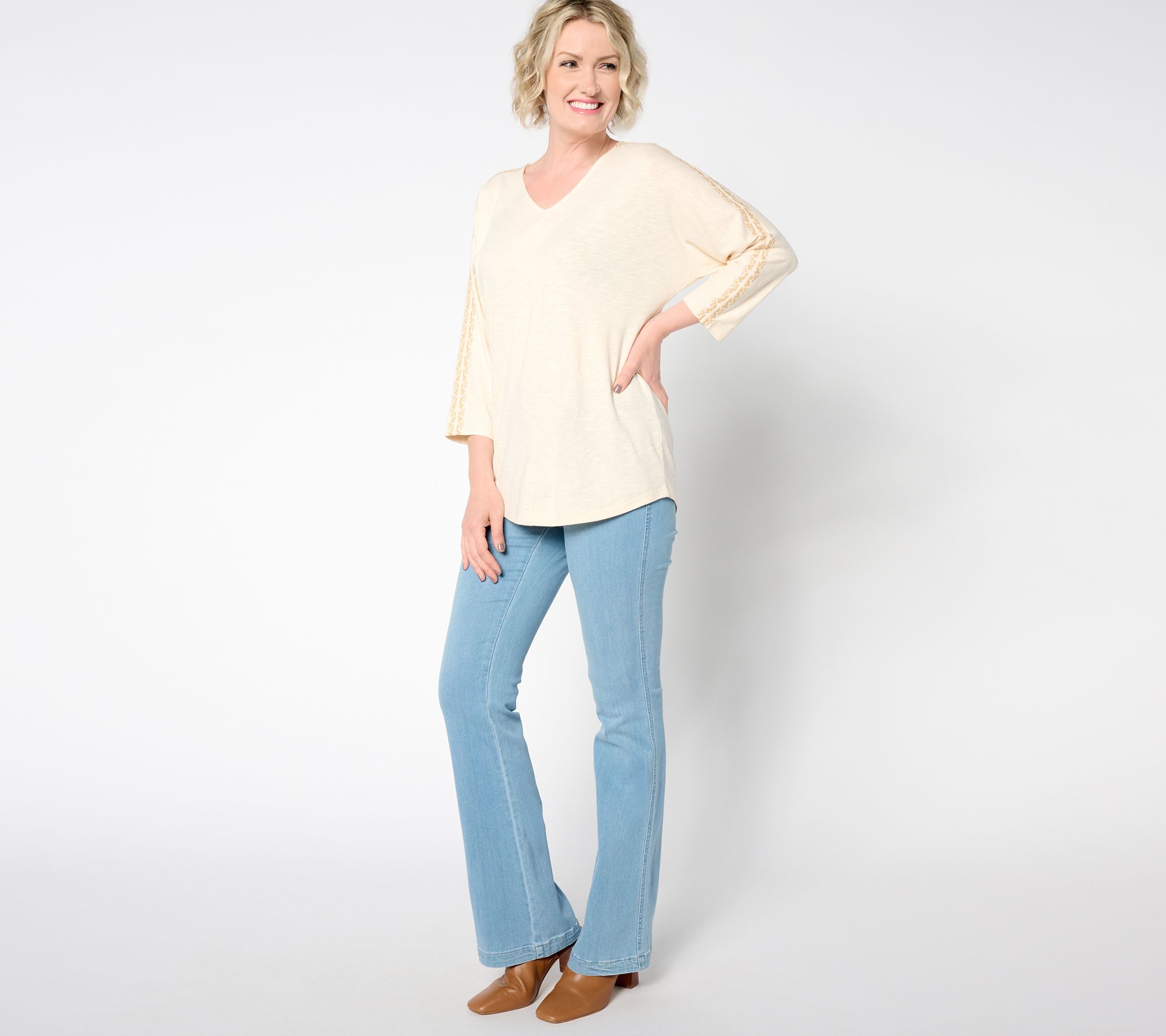 Denim & Co. Slub Jersey Dolman 3/4 Sleeve Top w/ Embroidery Denim & Co. Slub Jersey Dolman 3/4 Sleeve Top w/ Embroidery