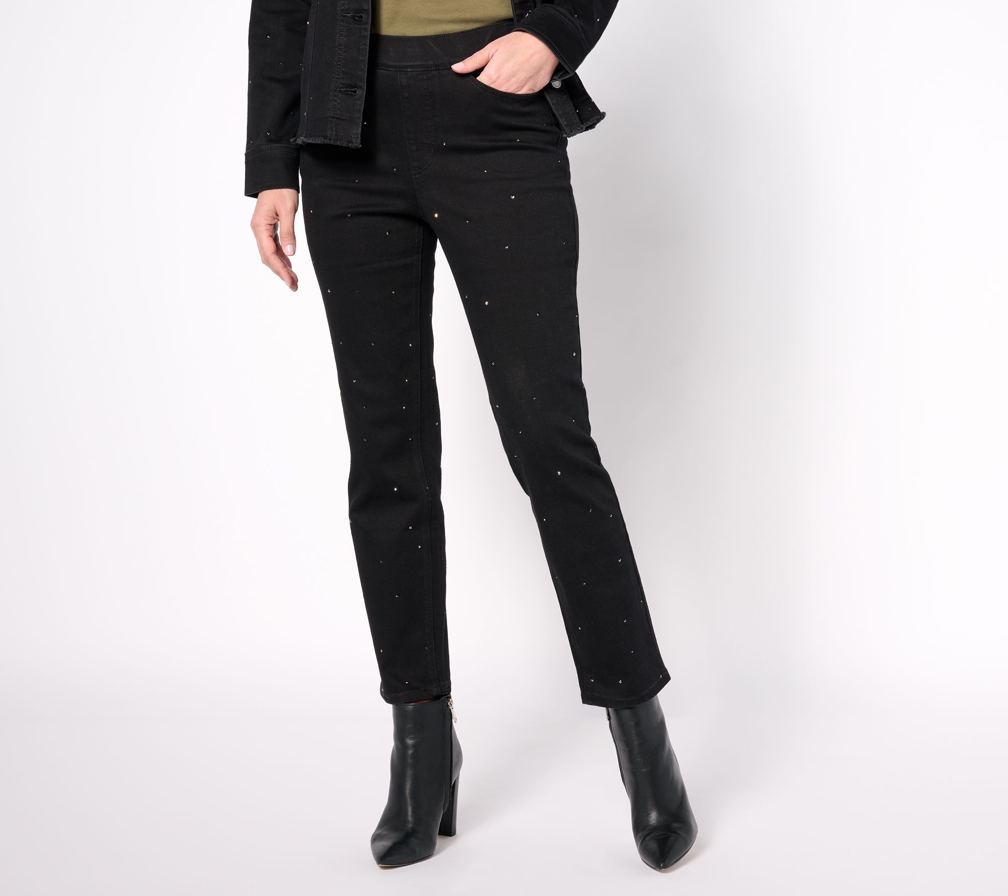 "As Is" Isaac Mizrahi Live! Petite Black True Denim Rhinestone Jean