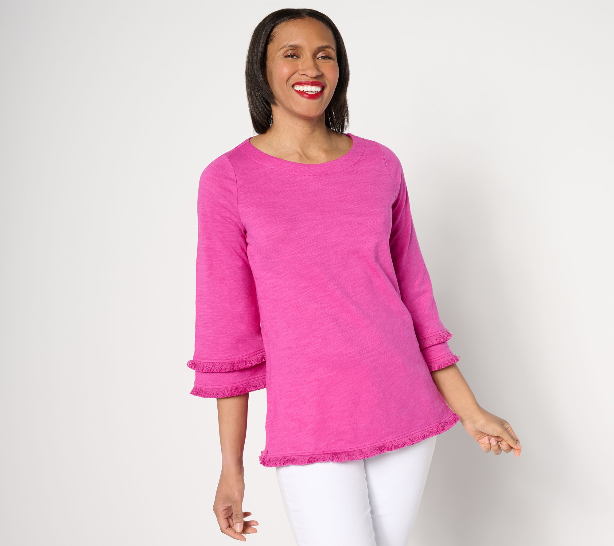 "As Is" Belle by Kim Gravel Slub Knit Fringe Benefits 3/4 Sleeve Top