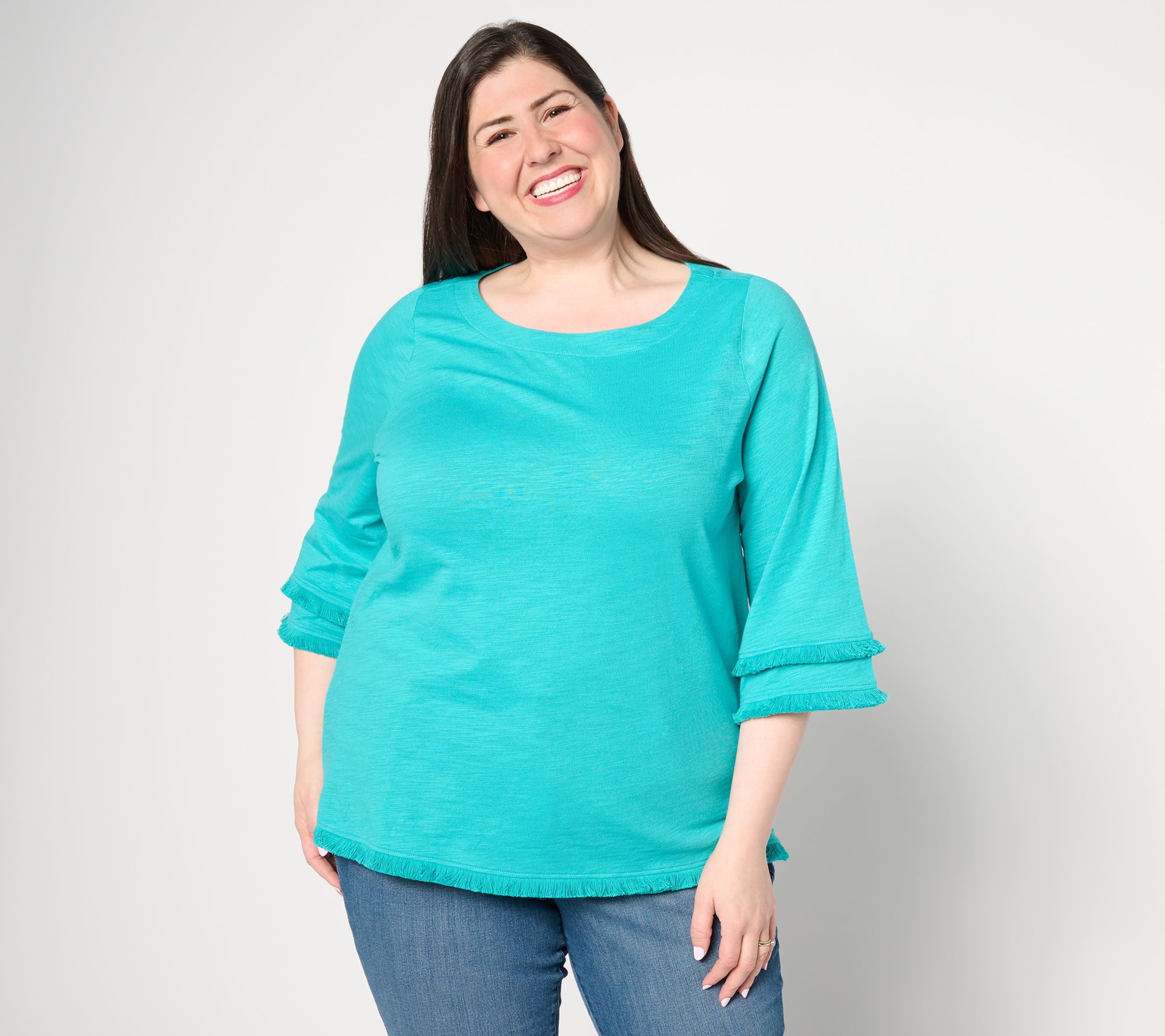 "As Is" Belle by Kim Gravel Slub Knit Fringe Benefits 3/4 Sleeve Top