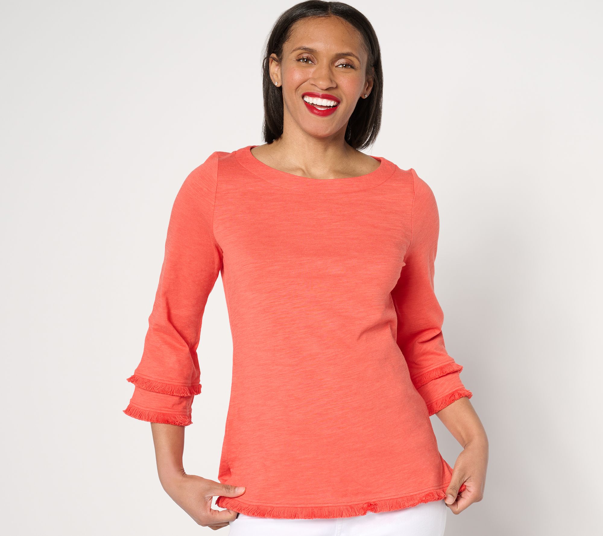 "As Is" Belle by Kim Gravel Slub Knit Fringe Benefits 3/4 Sleeve Top
