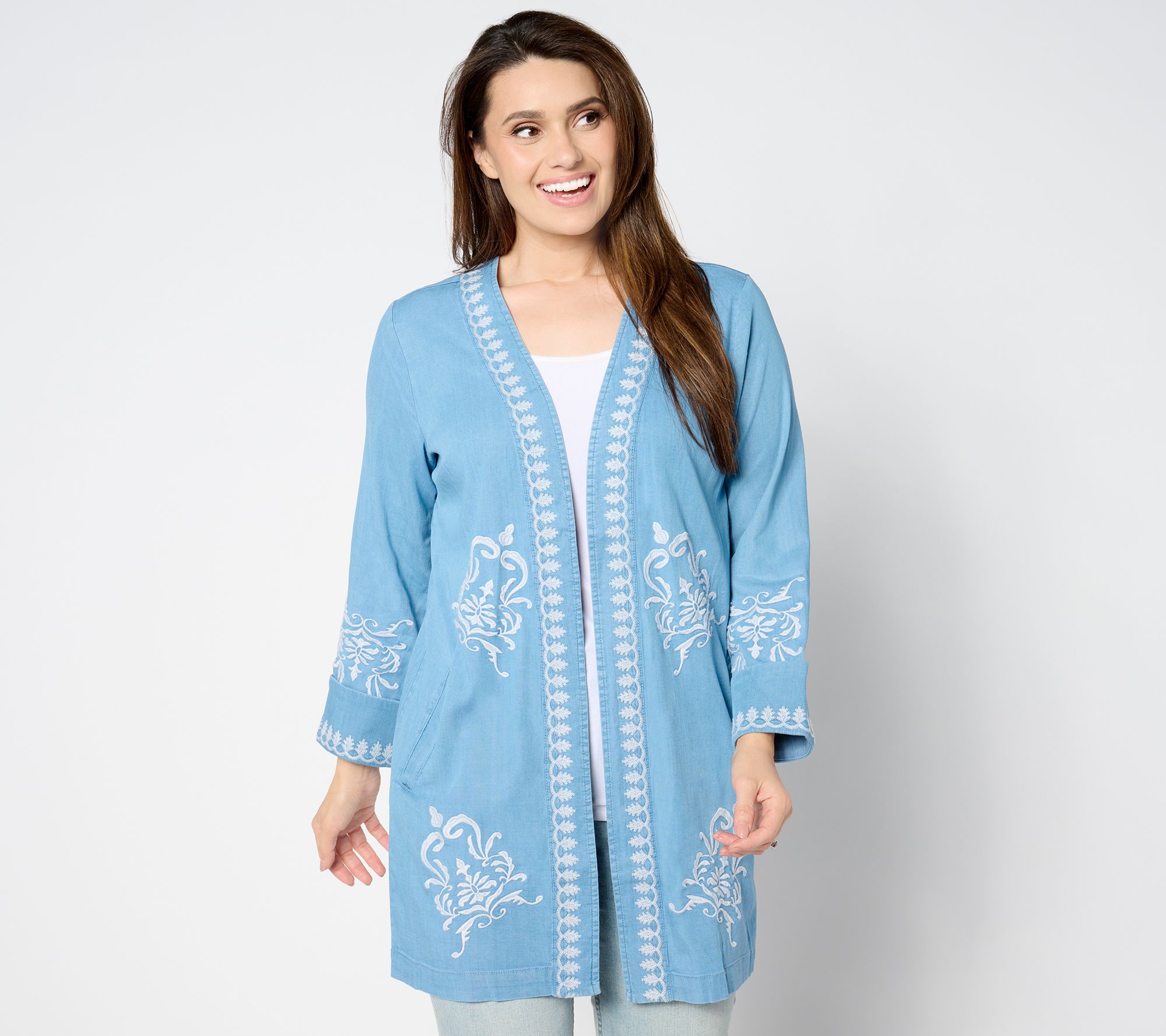 "As Is" Susan Graver Petite Open Front Chambray Jacket with Lace