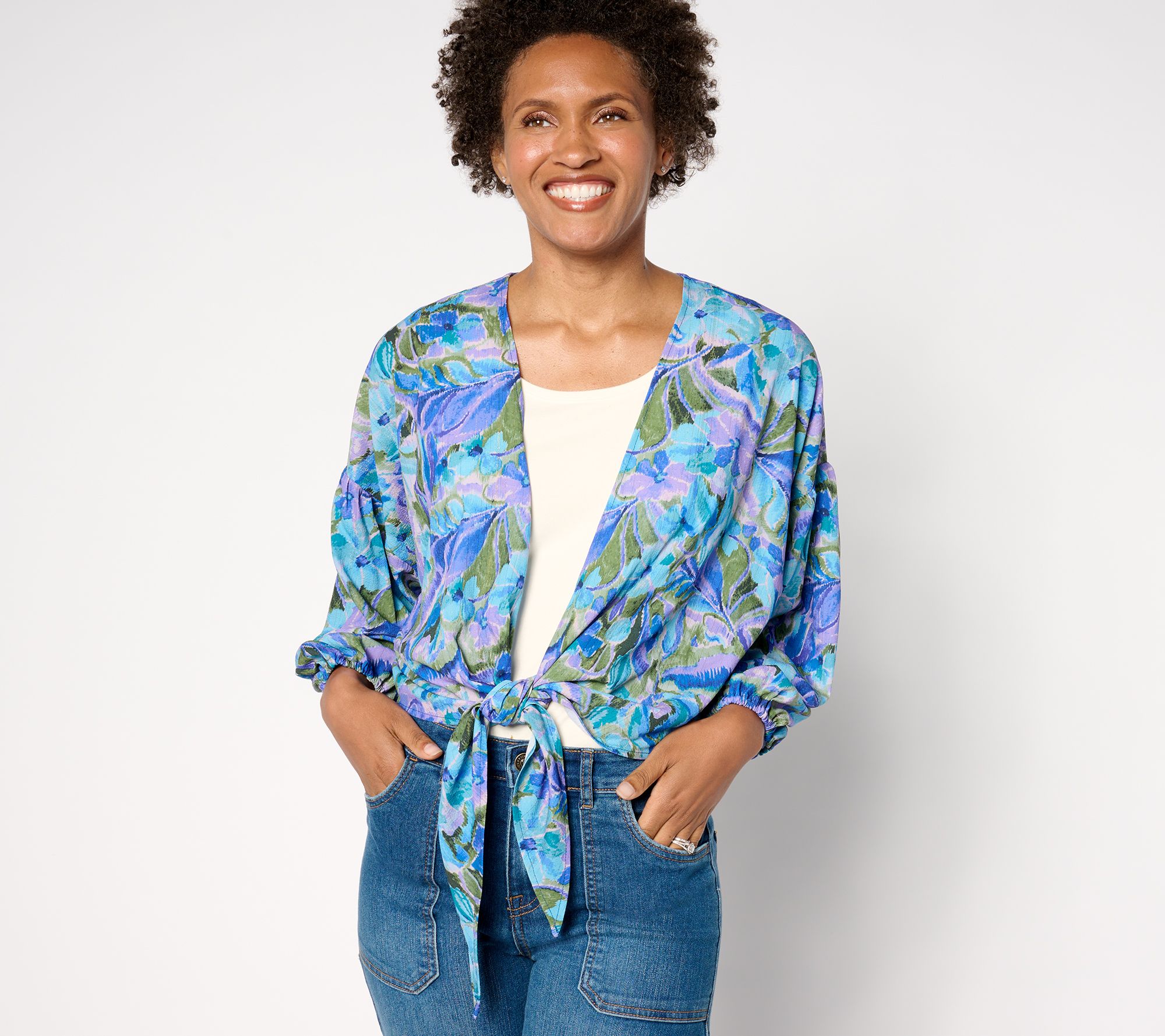 "As Is" Susan Graver Printed Woven w/ Lurex Front Poet Sleeve Cardigan