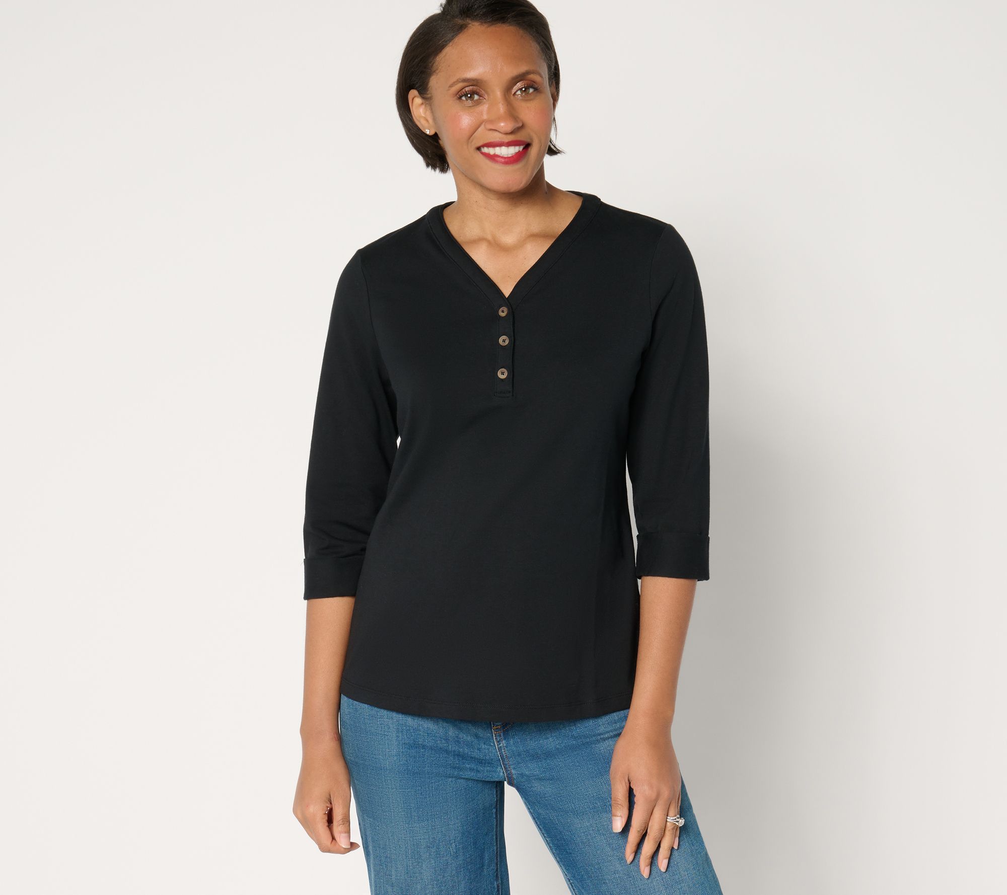 Denim & Co. Essentials Perfect Jersey Henley Knit Top
