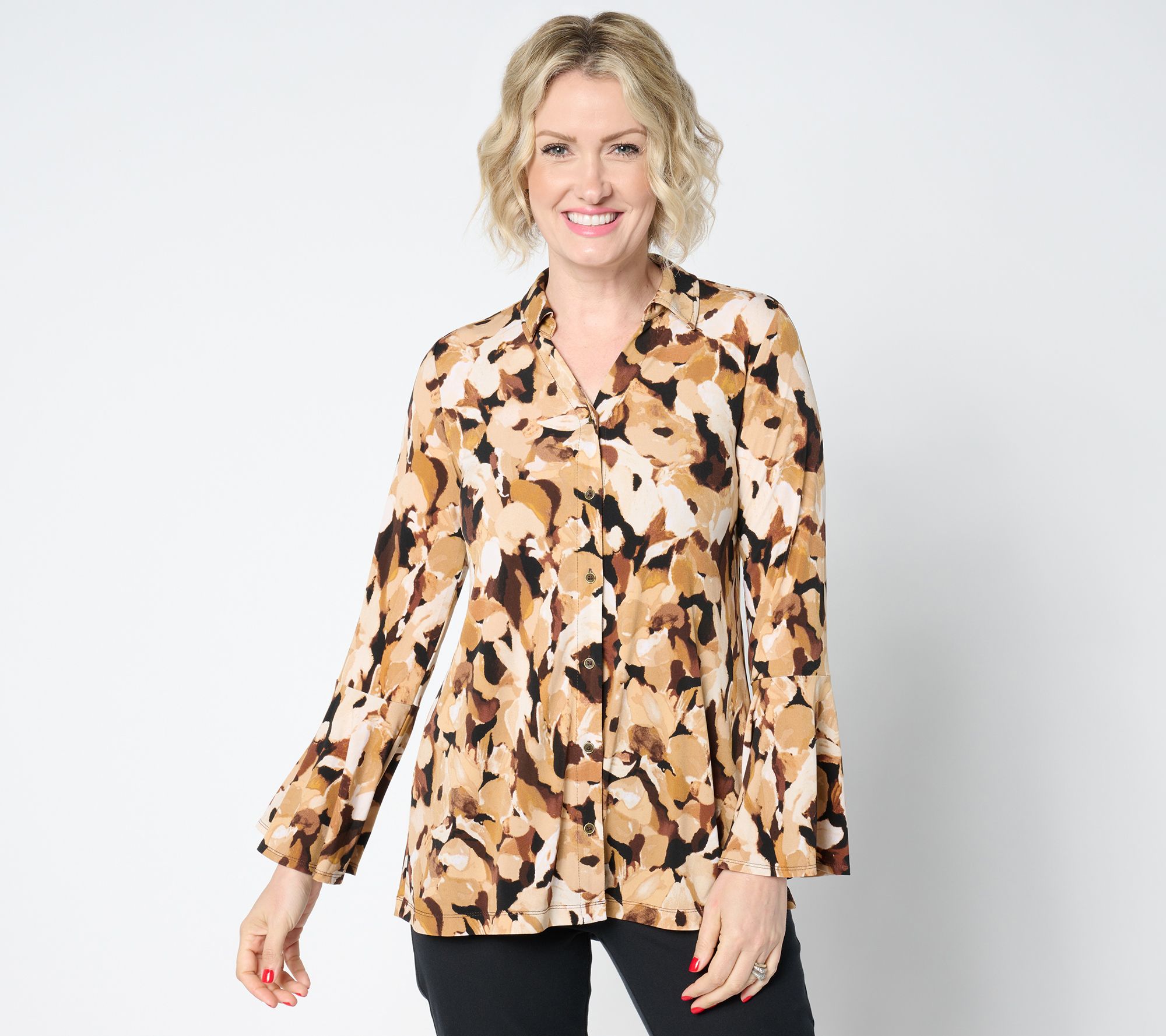 "As Is" Susan Graver Regular Printed Liquid Knit Button Bell Slv Tunic