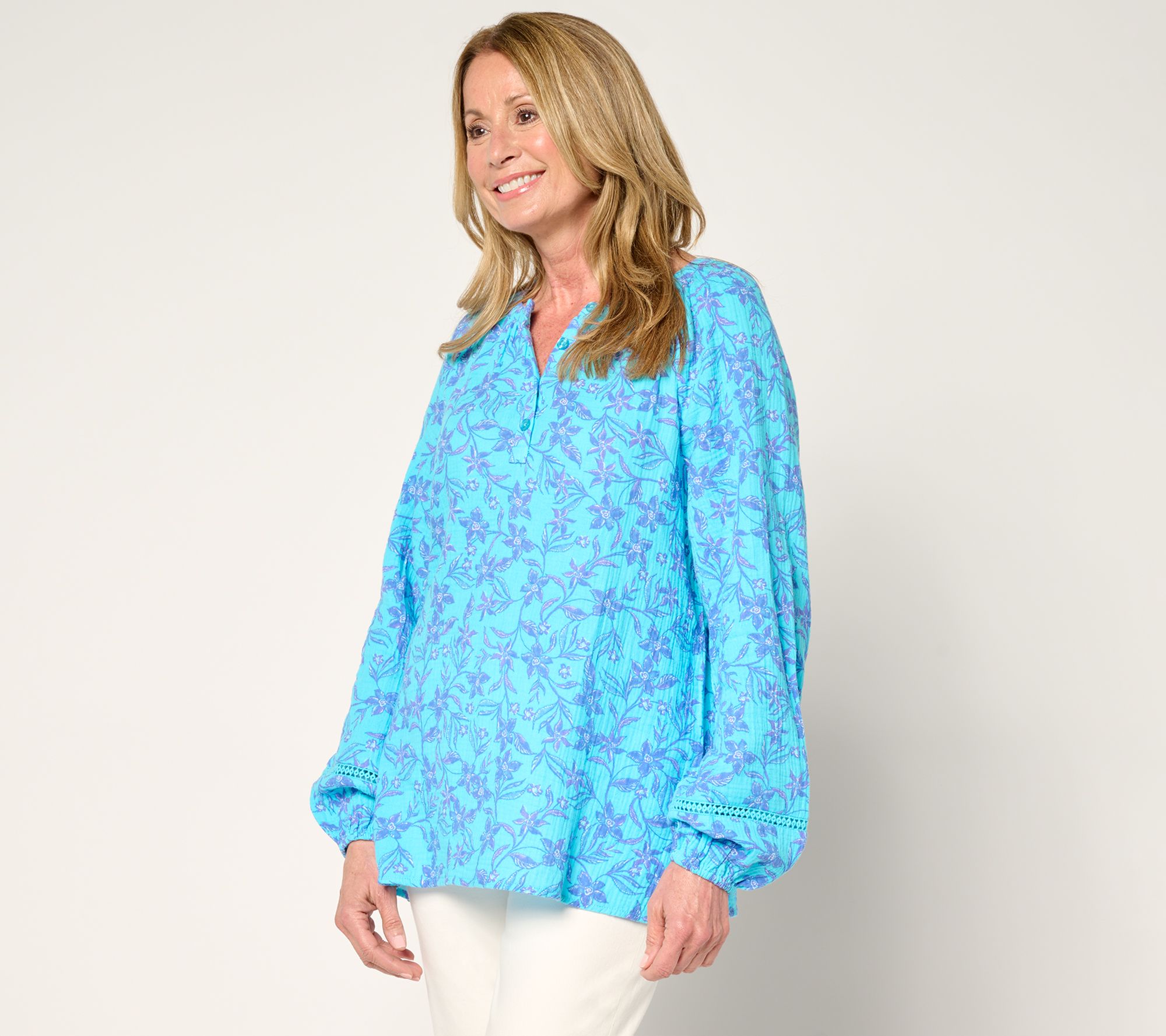 Belle Beach by Kim Gravel 100% Cotton Gauze Henley Top with Ladder Lace
