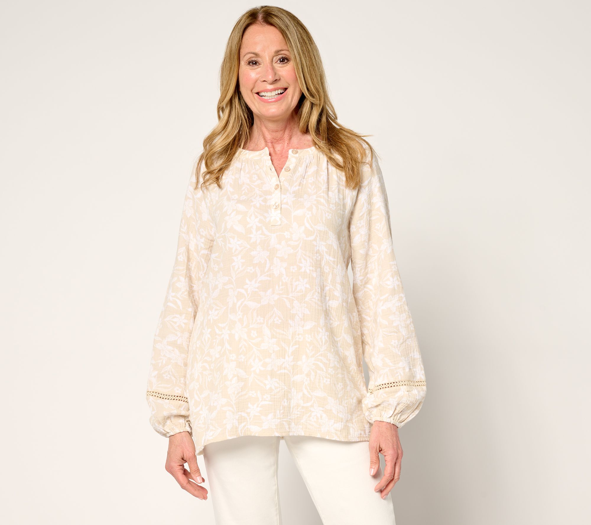 Belle Beach by Kim Gravel 100% Cotton Gauze Henley Top with Ladder Lace