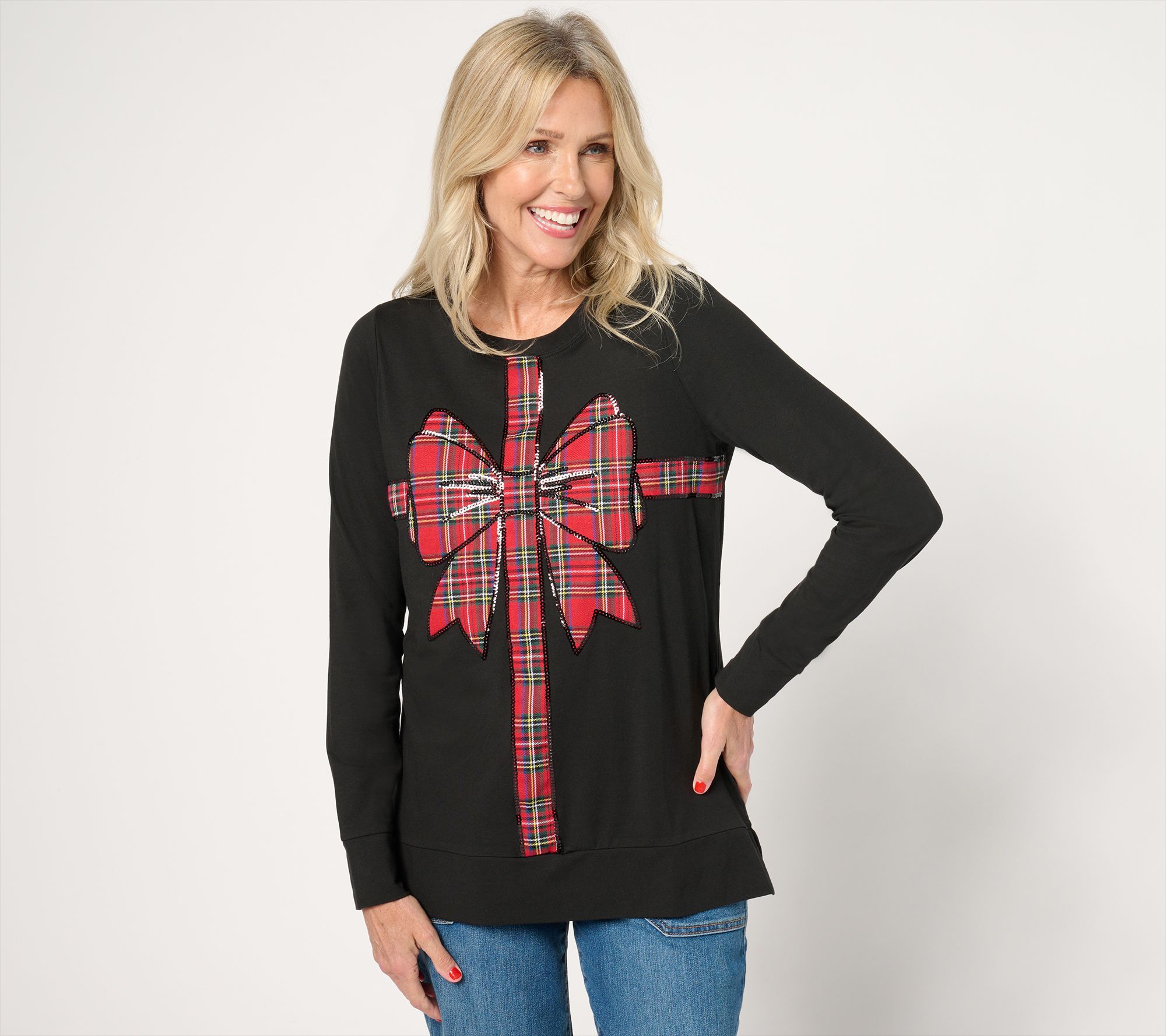 "As Is" Jingle Belles by Kim Gravel TripleLuxe Knit Tartan Bow Top
