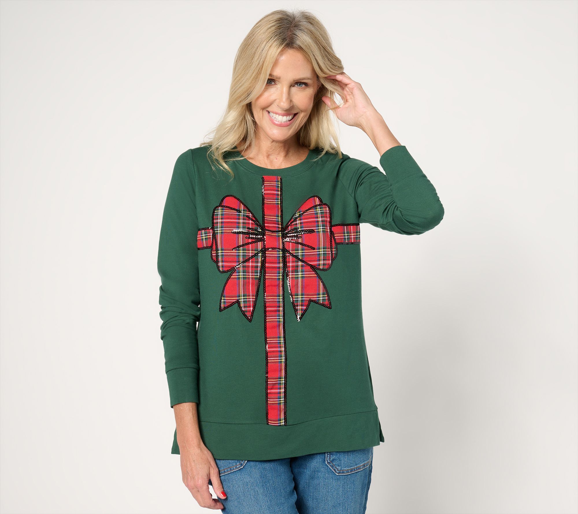 "As Is" Jingle Belles by Kim Gravel TripleLuxe Knit Tartan Bow Top