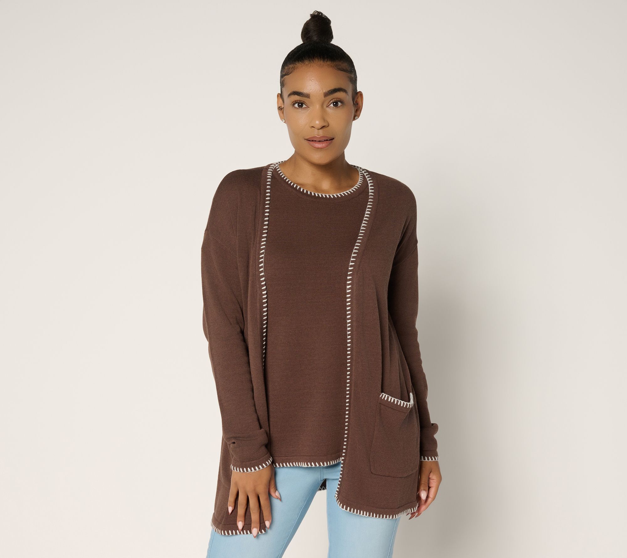 Belle by Kim Gravel Petite Blanket Stitch Open Front Tunic Cradigan