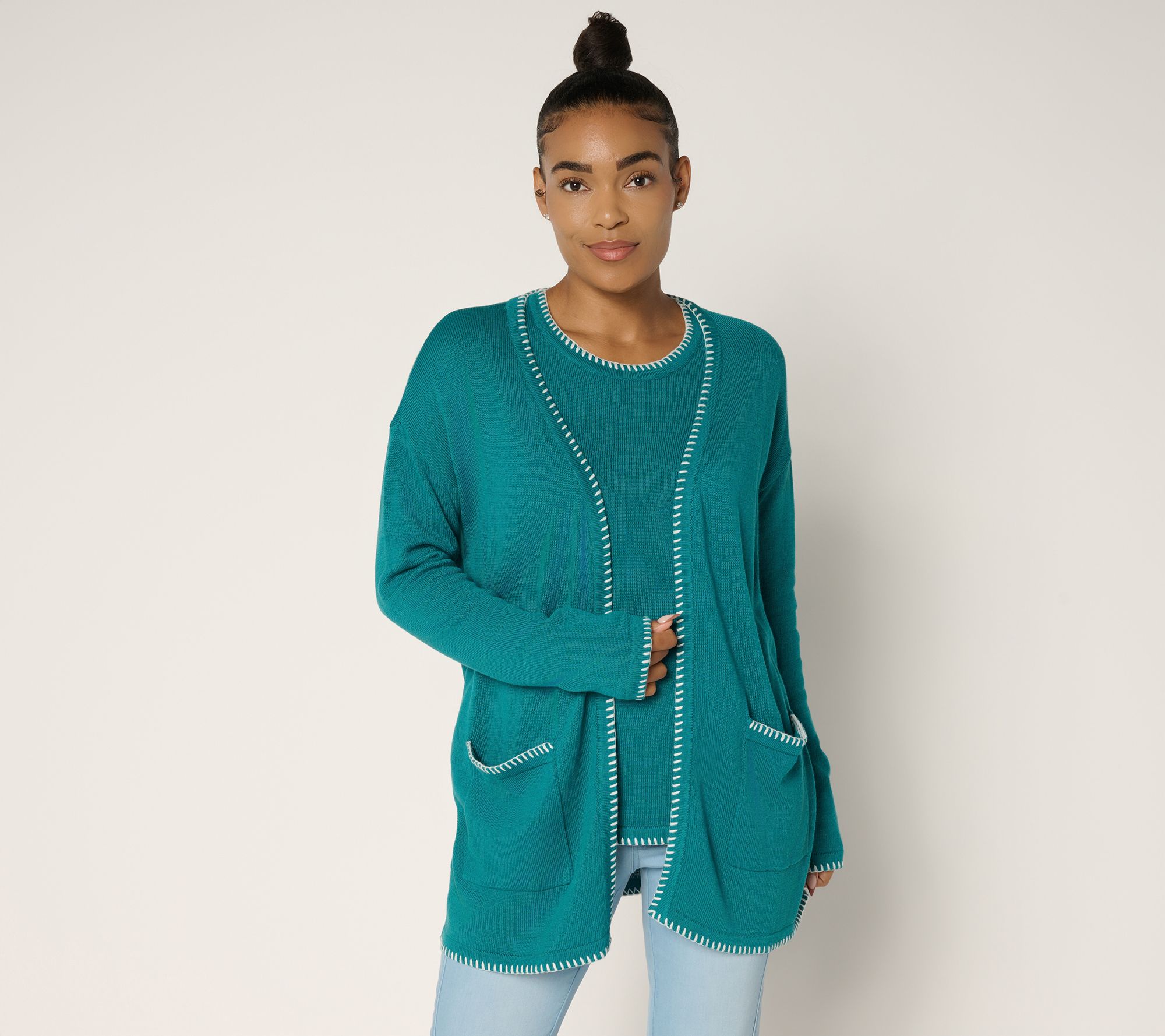 Belle by Kim Gravel Petite Blanket Stitch Open Front Tunic Cradigan