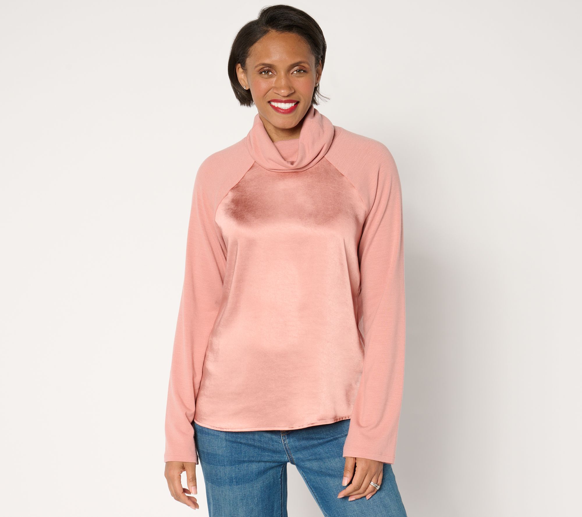 "As Is" Peace Love World Mixed Media Raglan Sleeve Turtleneck Top