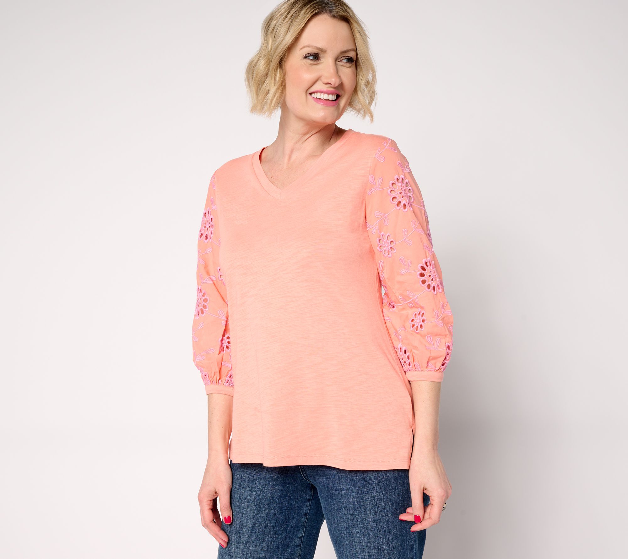 "As Is" Belle by Kim Gravel Slub Knit Contrast Eyelet Sleeve Top