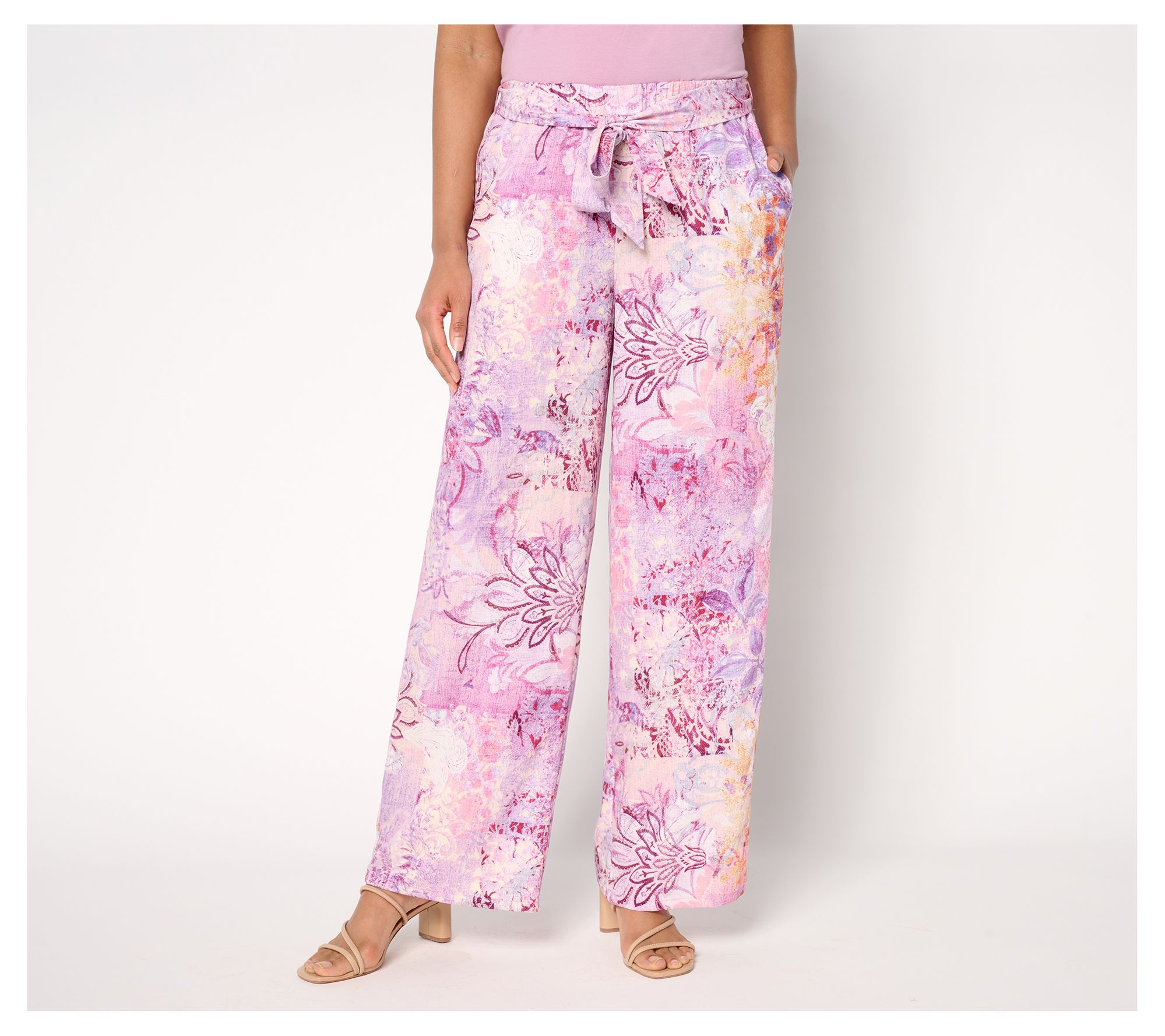 "As Is" Susan Graver Petite Printed Dove Twill Wide Leg Pants w/ Tie