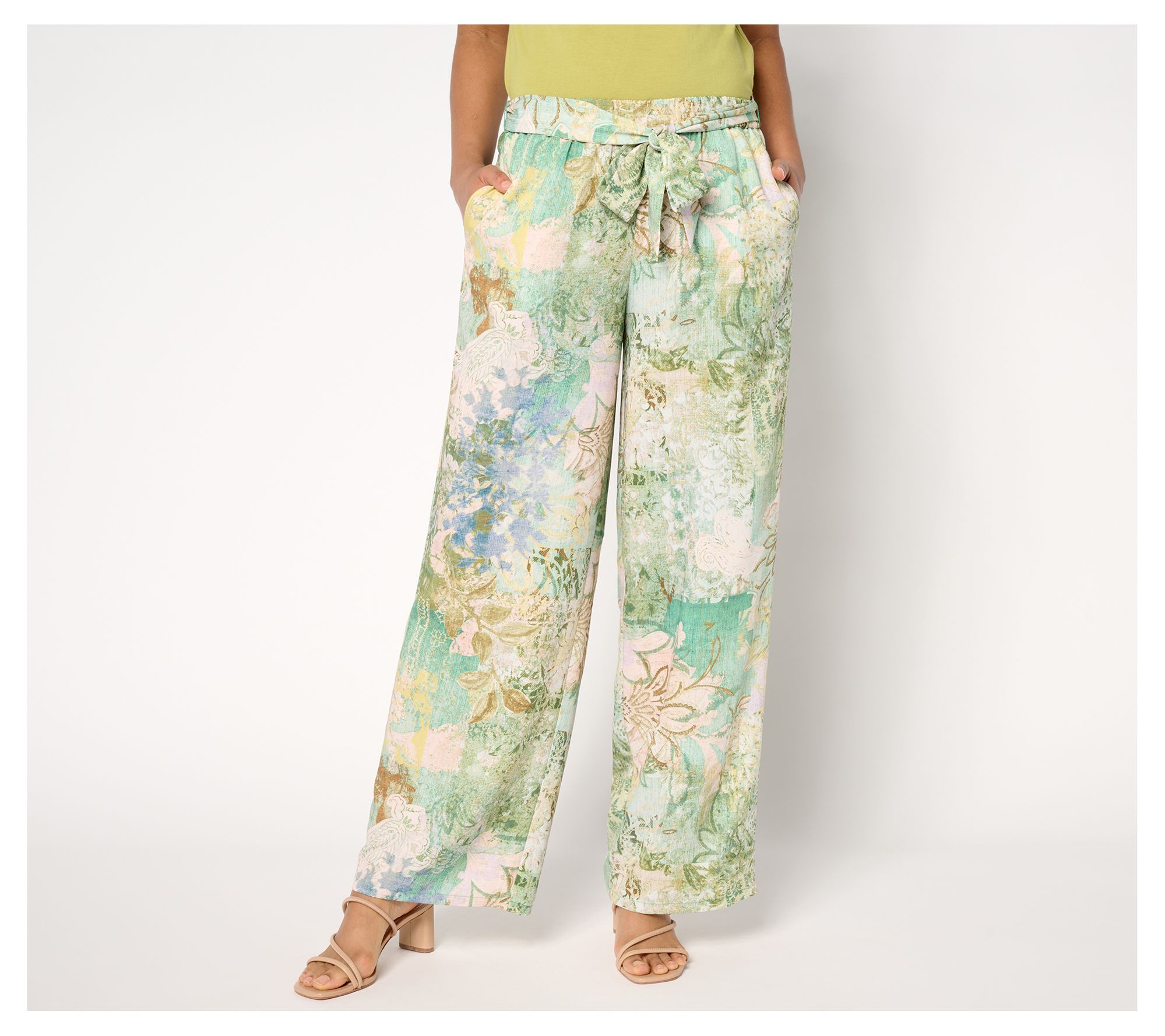 "As Is" Susan Graver Petite Printed Dove Twill Wide Leg Pants w/ Tie