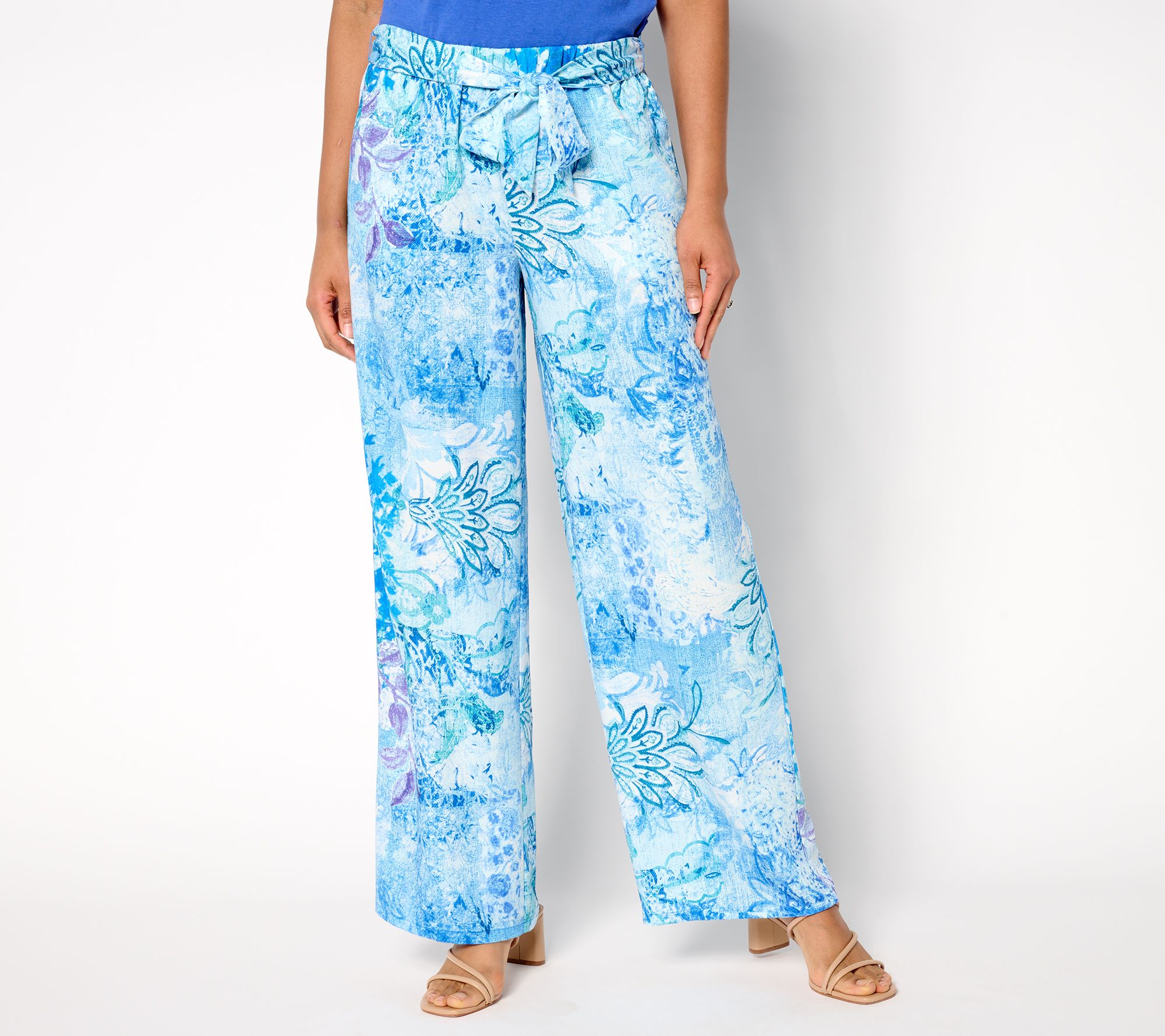 "As Is" Susan Graver Petite Printed Dove Twill Wide Leg Pants w/ Tie