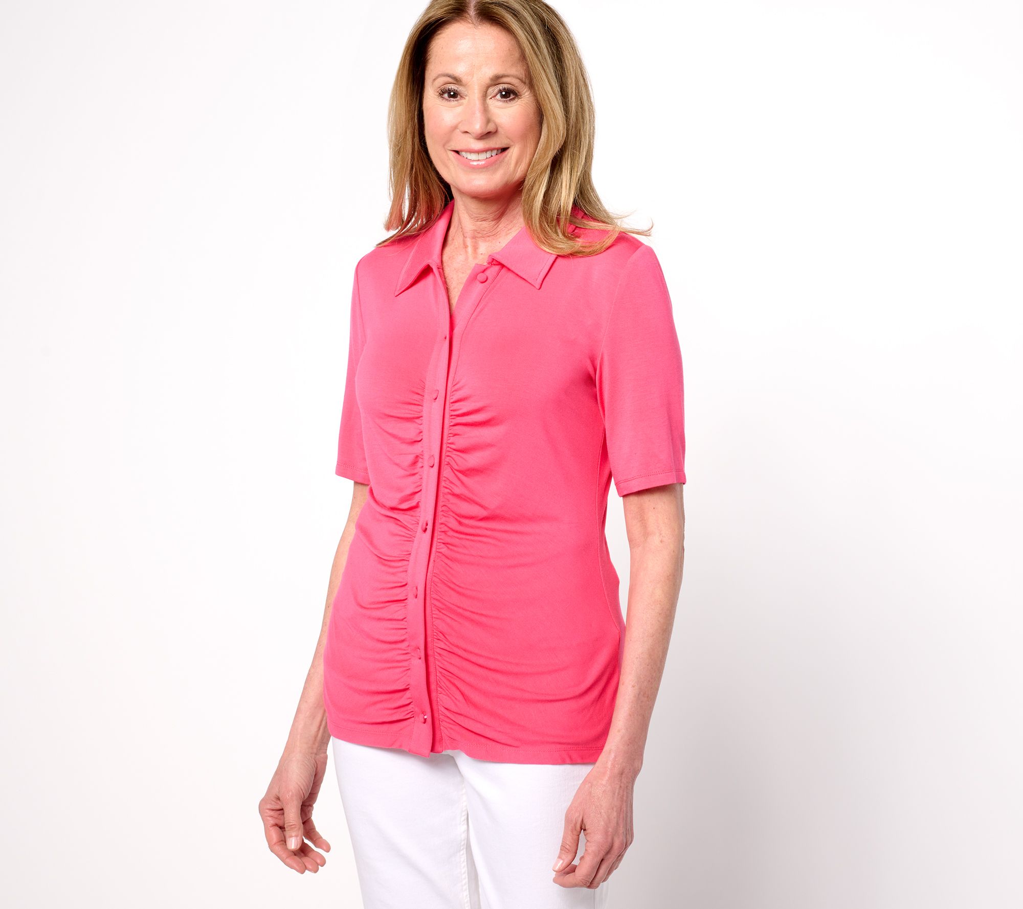 "As Is" Dennis Basso Button Front Shirt with Shirring