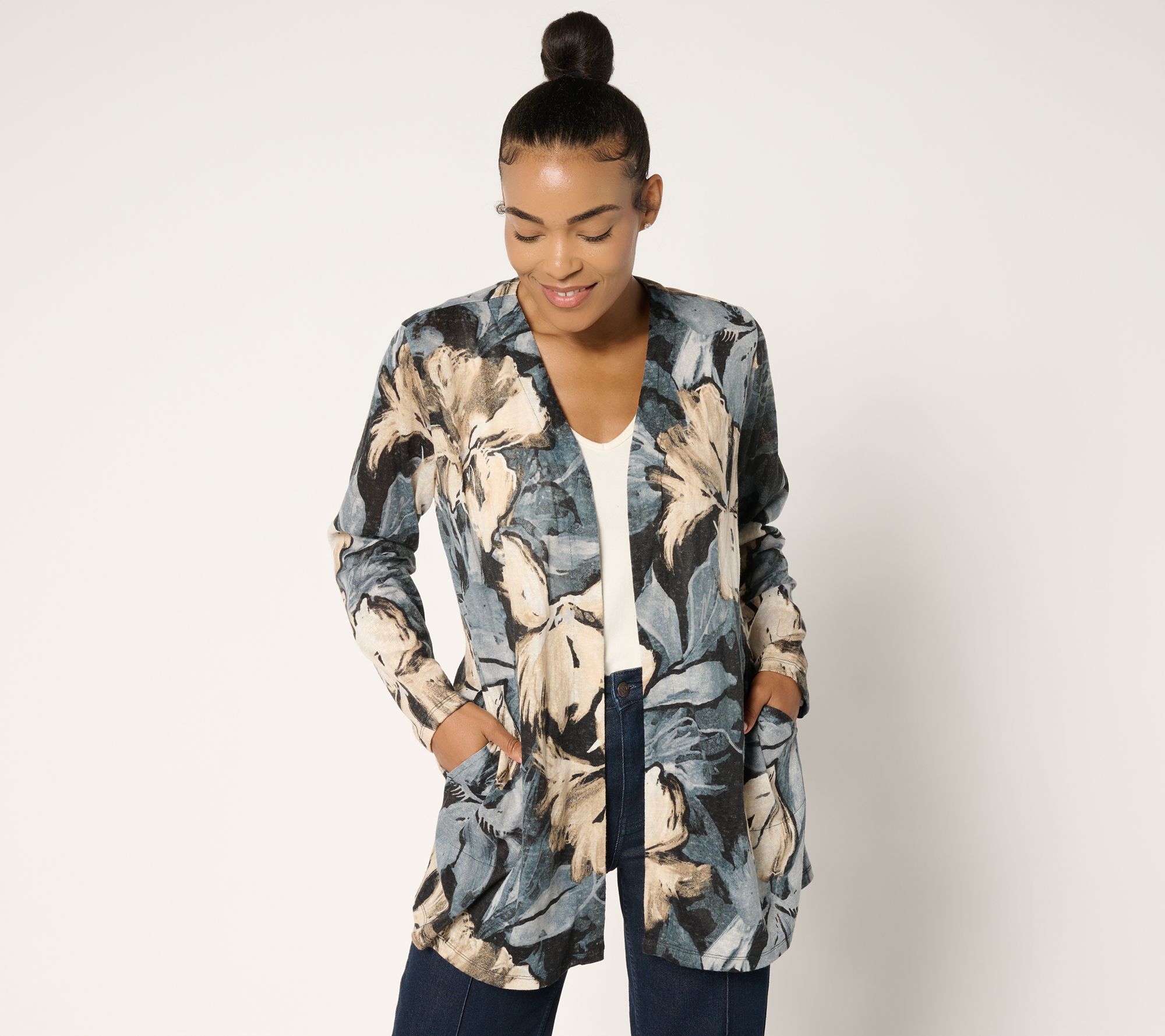 "As Is" Denim & Co. Petite Printed Slub Knit Cardigan Duster