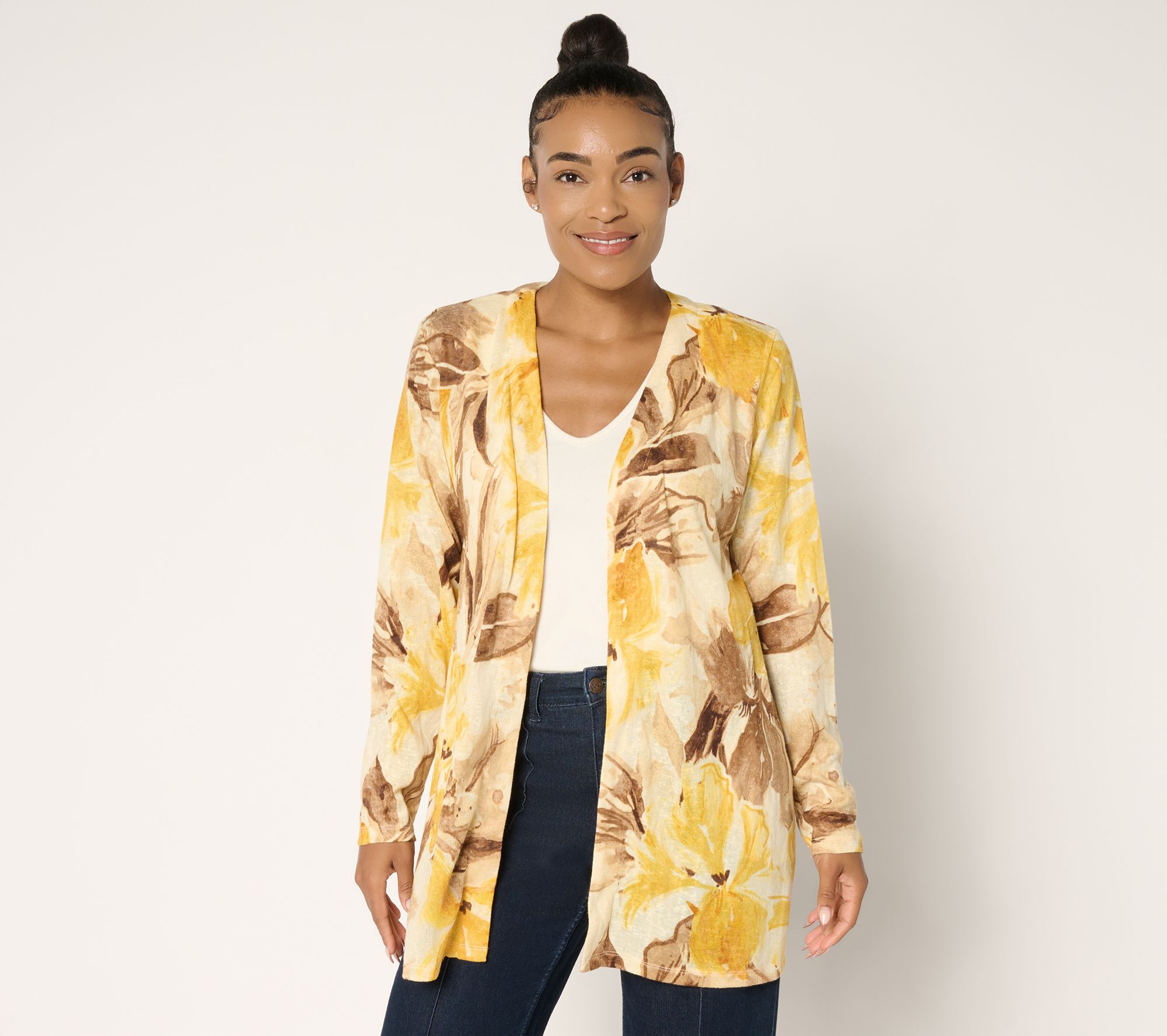 "As Is" Denim & Co. Petite Printed Slub Knit Cardigan Duster