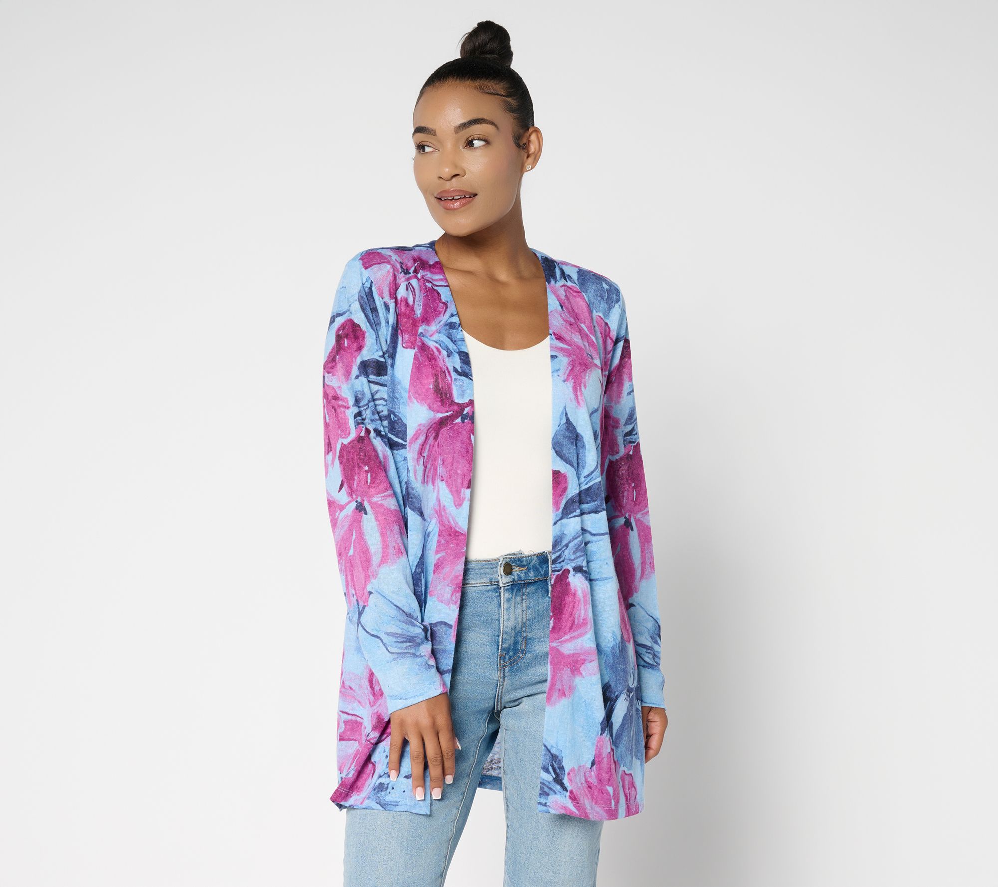 "As Is" Denim & Co. Petite Printed Slub Knit Cardigan Duster