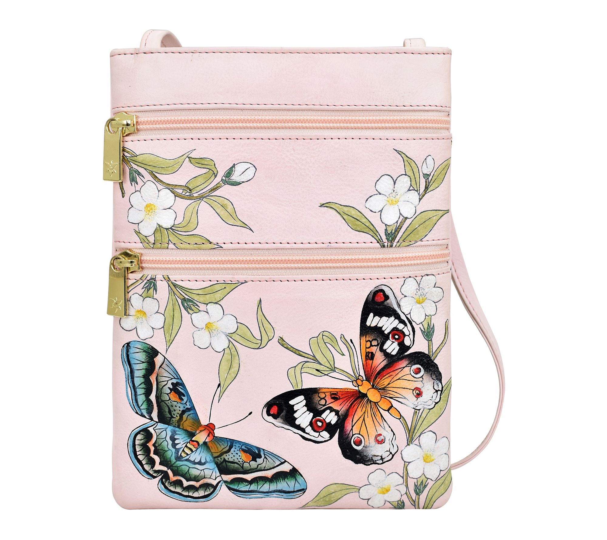 Anuschka Painte d Leather Mini Double Zip Trav el Crossbody