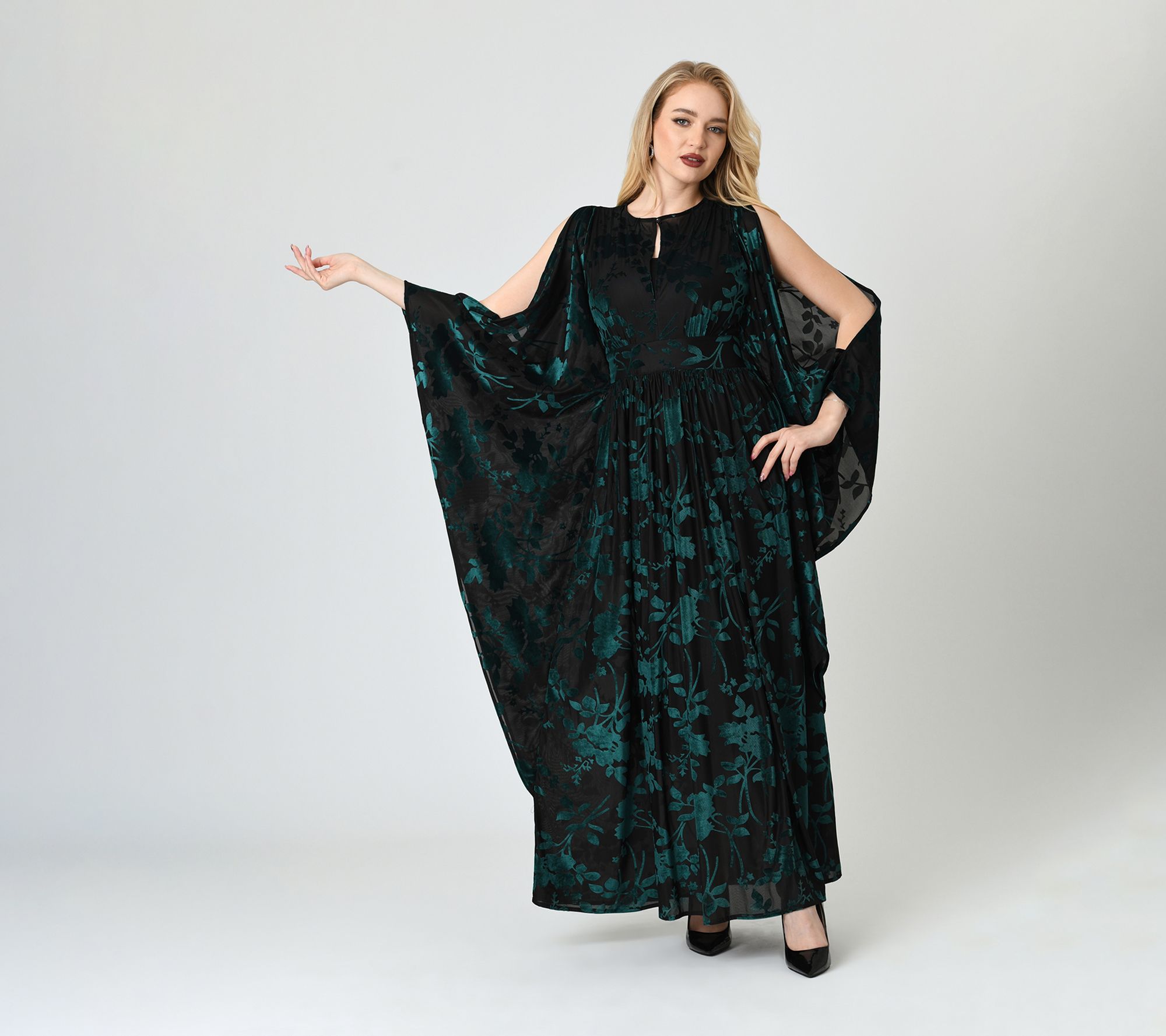 Unique Vintage Black & Teal Velvet Flutter Sleeve Dress