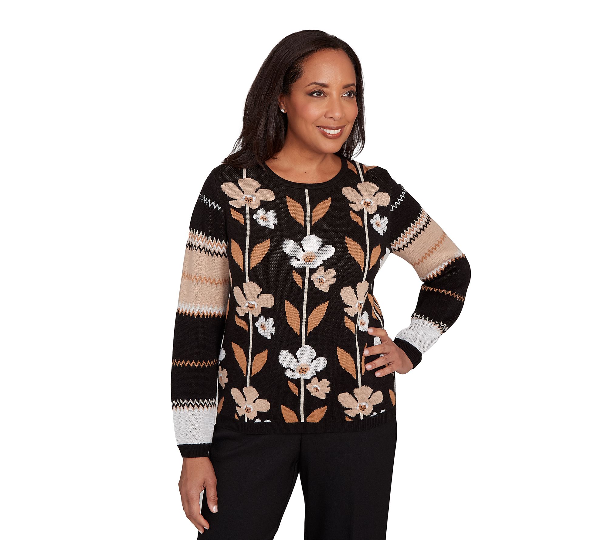 Alfred Dunner Vertical Flower Zig Zag Sweater