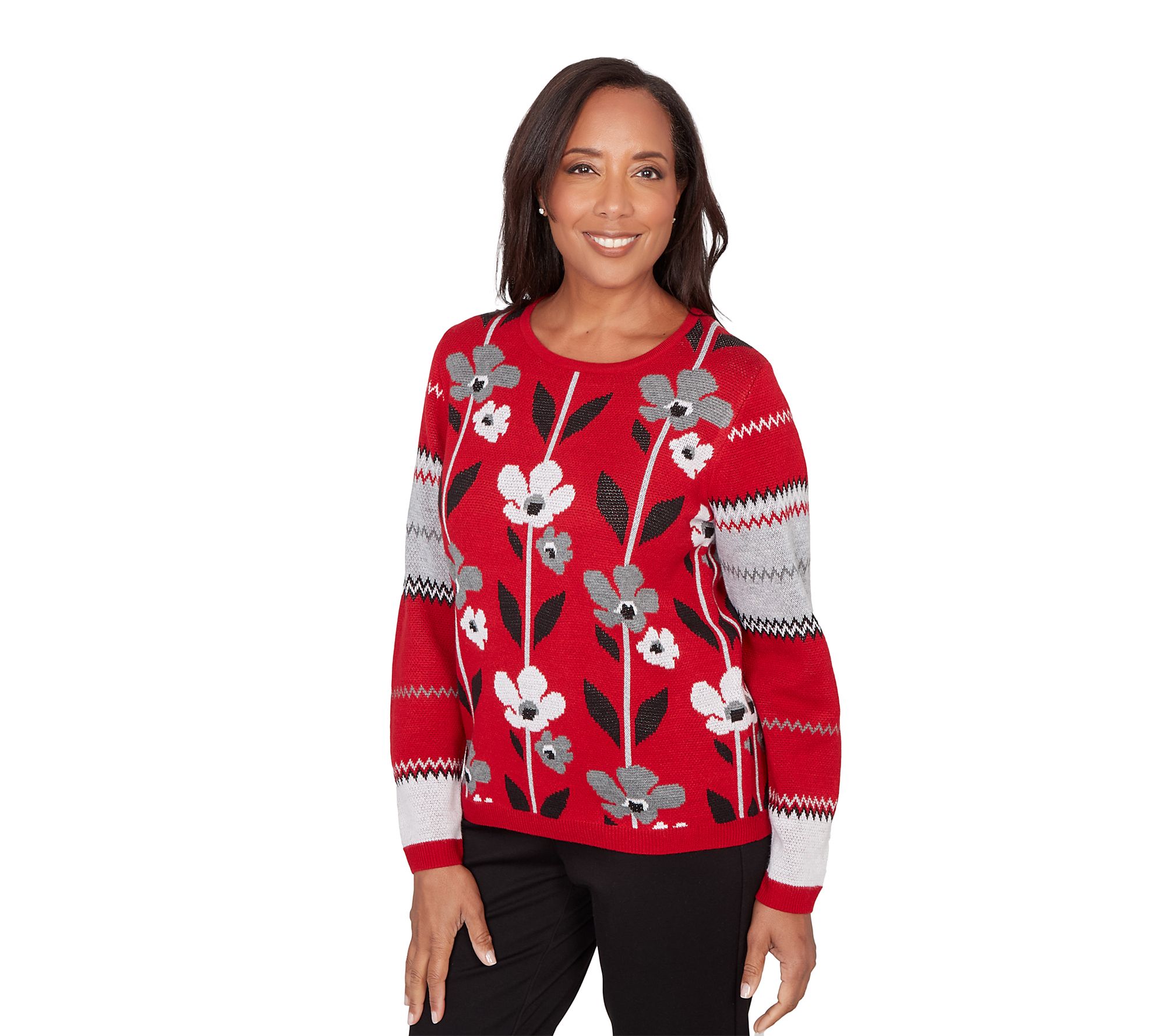 Alfred Dunner Vertical Flower Zig Zag Sweater