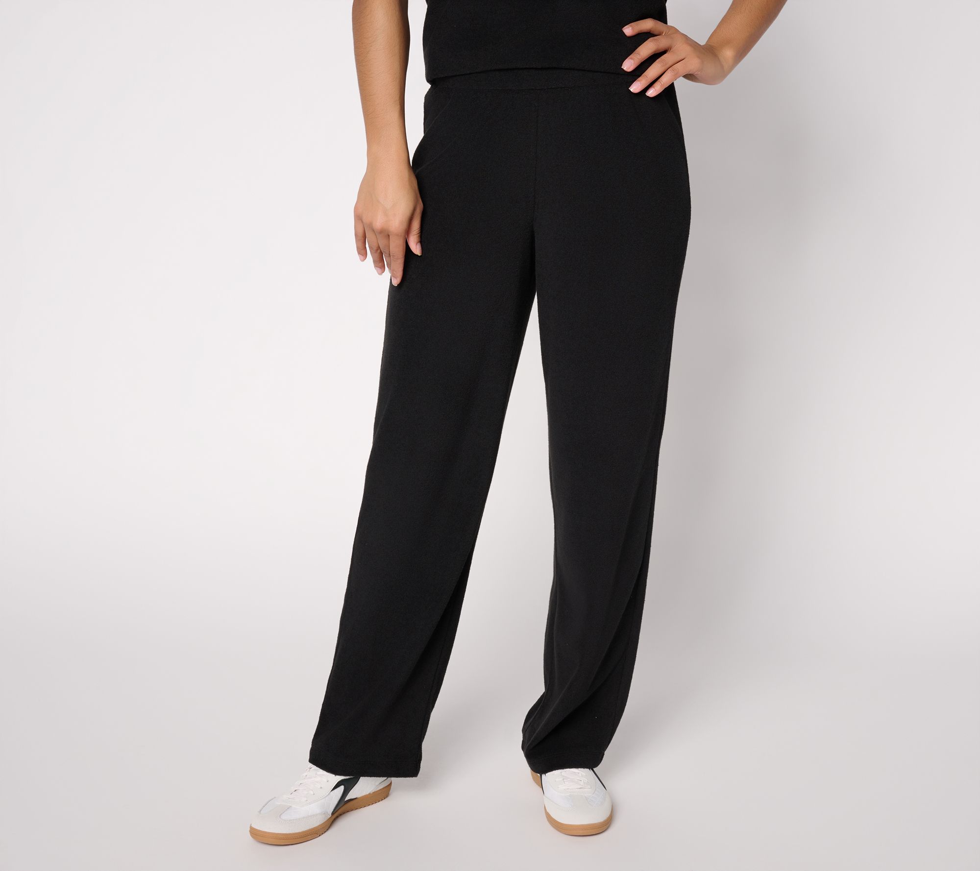 Susan Graver Weekend Petite Terry Straight Leg Pants with Smocked Waist