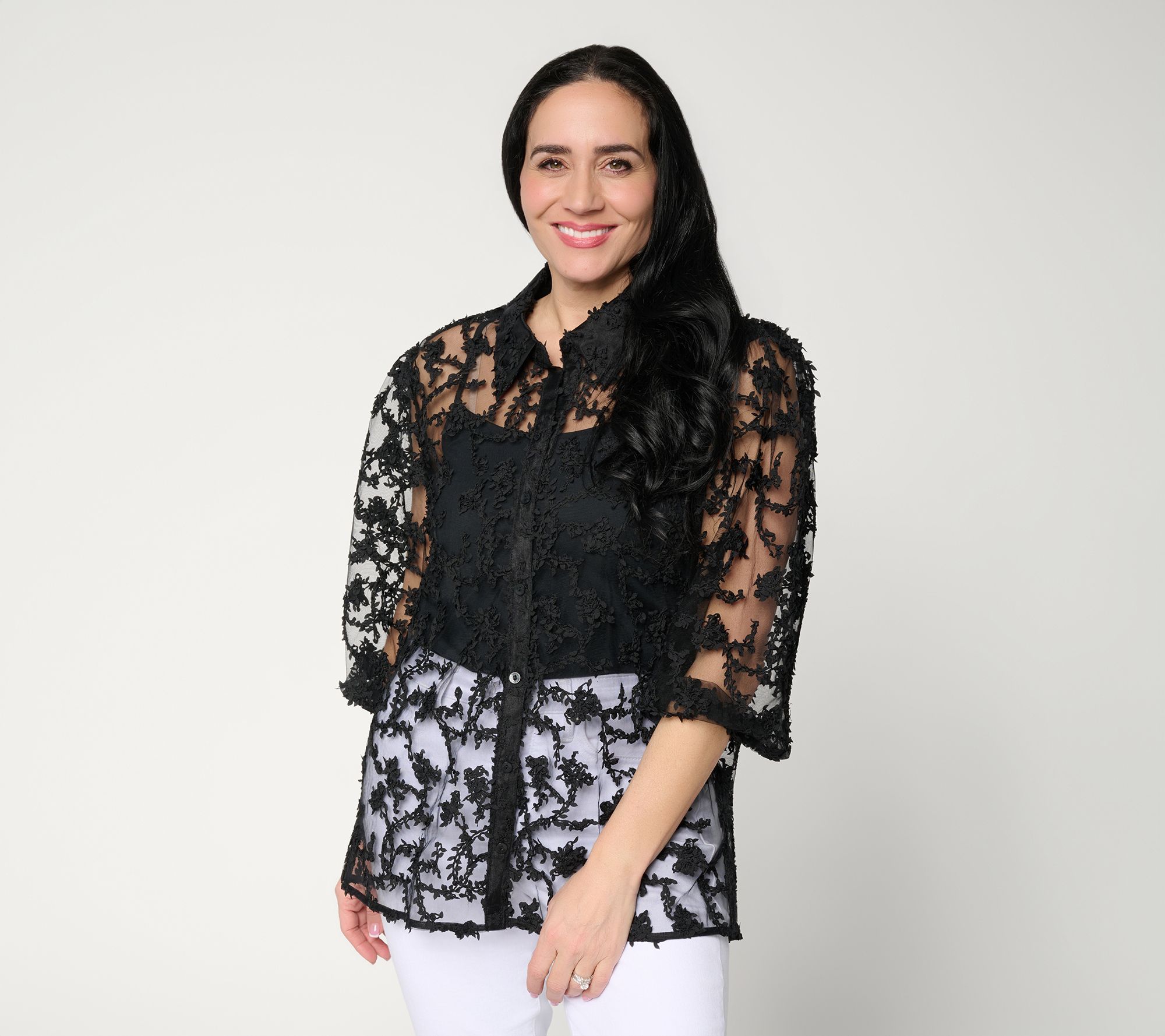 Dennis Basso Petite Texture Knit Mesh Button Front Shrug